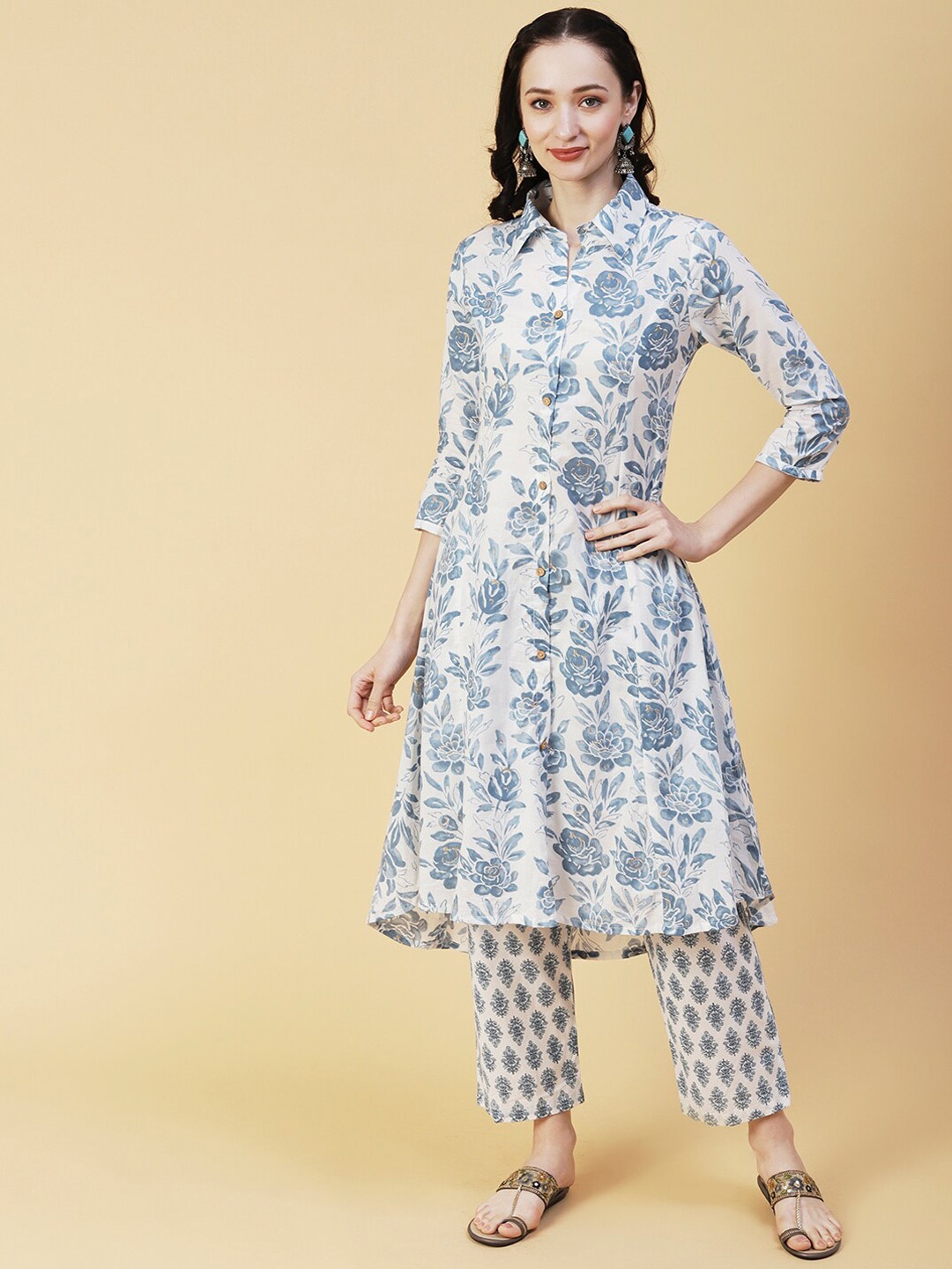 

FASHOR Floral Printed Shirt Collar High-low A-Line Pure Cotton Kurta with Trousers, White