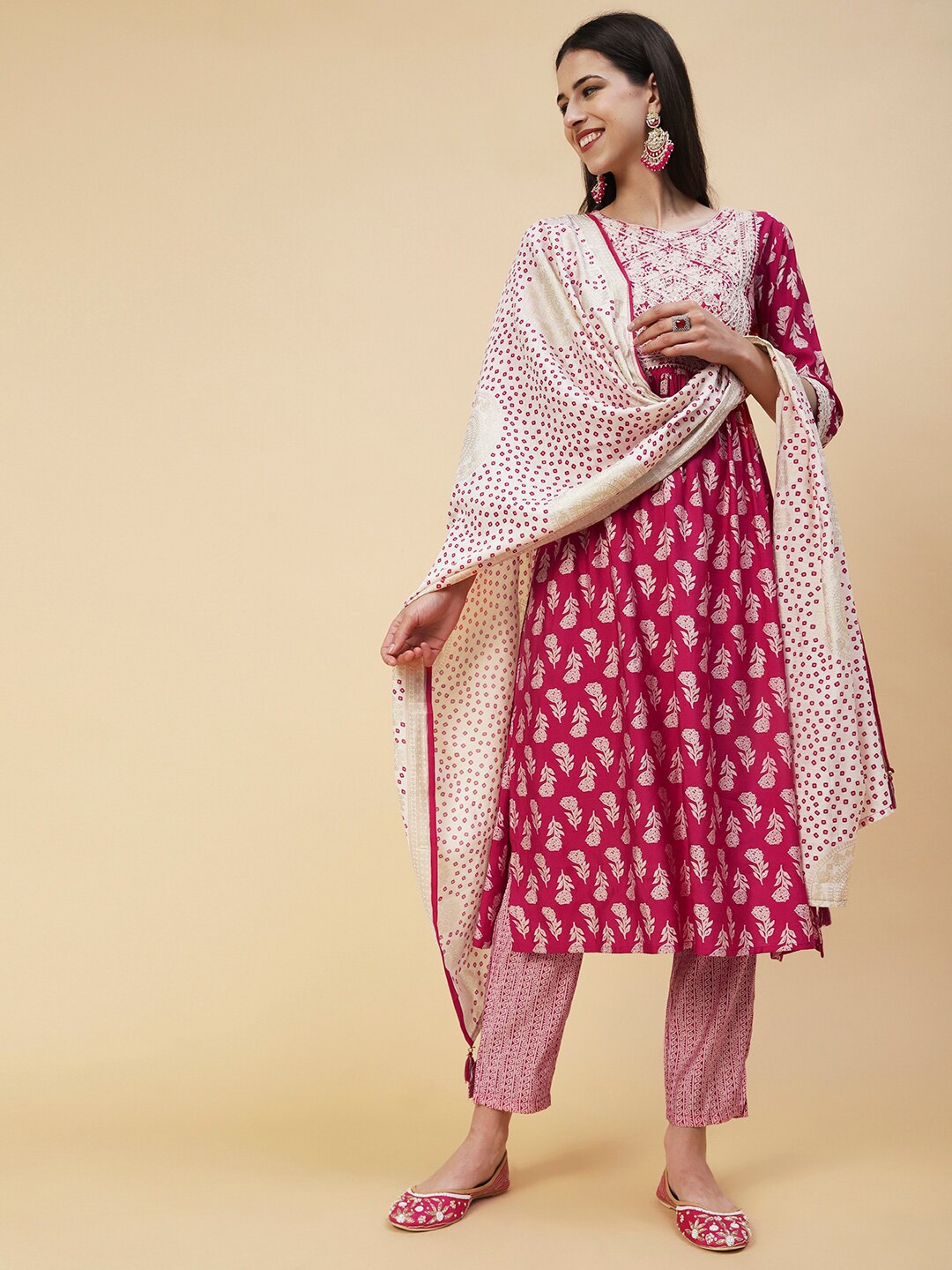 

FASHOR Floral Printed Pleated Sequinned A-Line Kurta with Trousers & Dupatta, Fuchsia