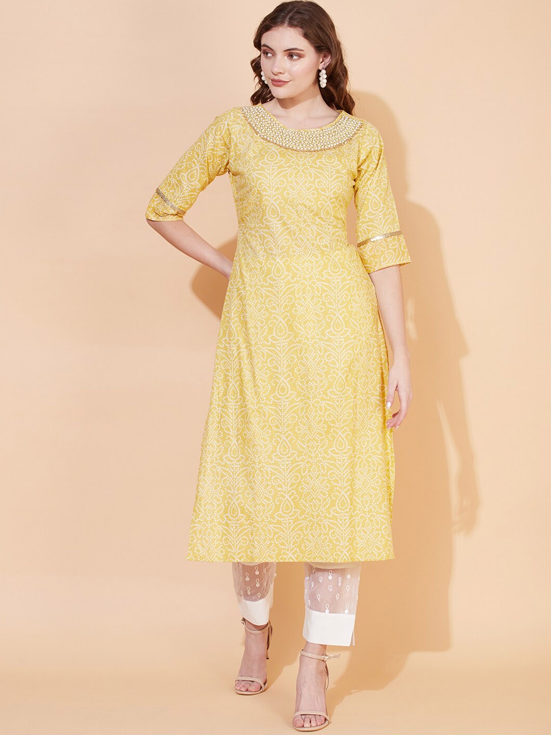 

FASHOR Bandhani Printed Sequined Beads & Stones Kurta with Trousers, Yellow