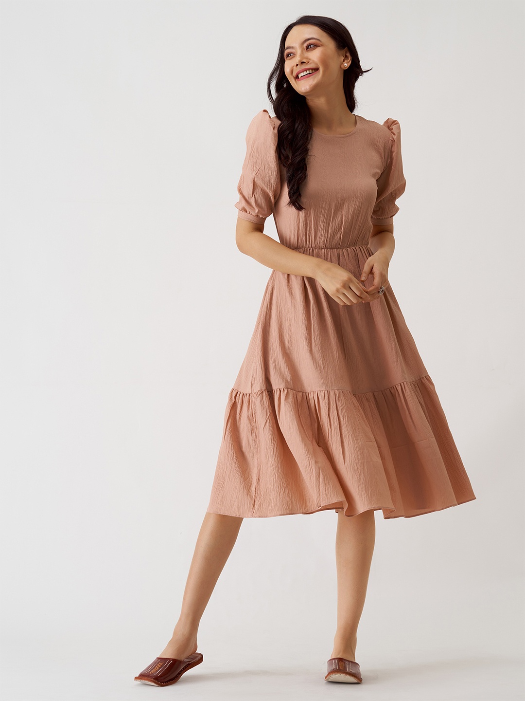 

AASK Puff Sleeves Crepe A-Line Dress, Cream