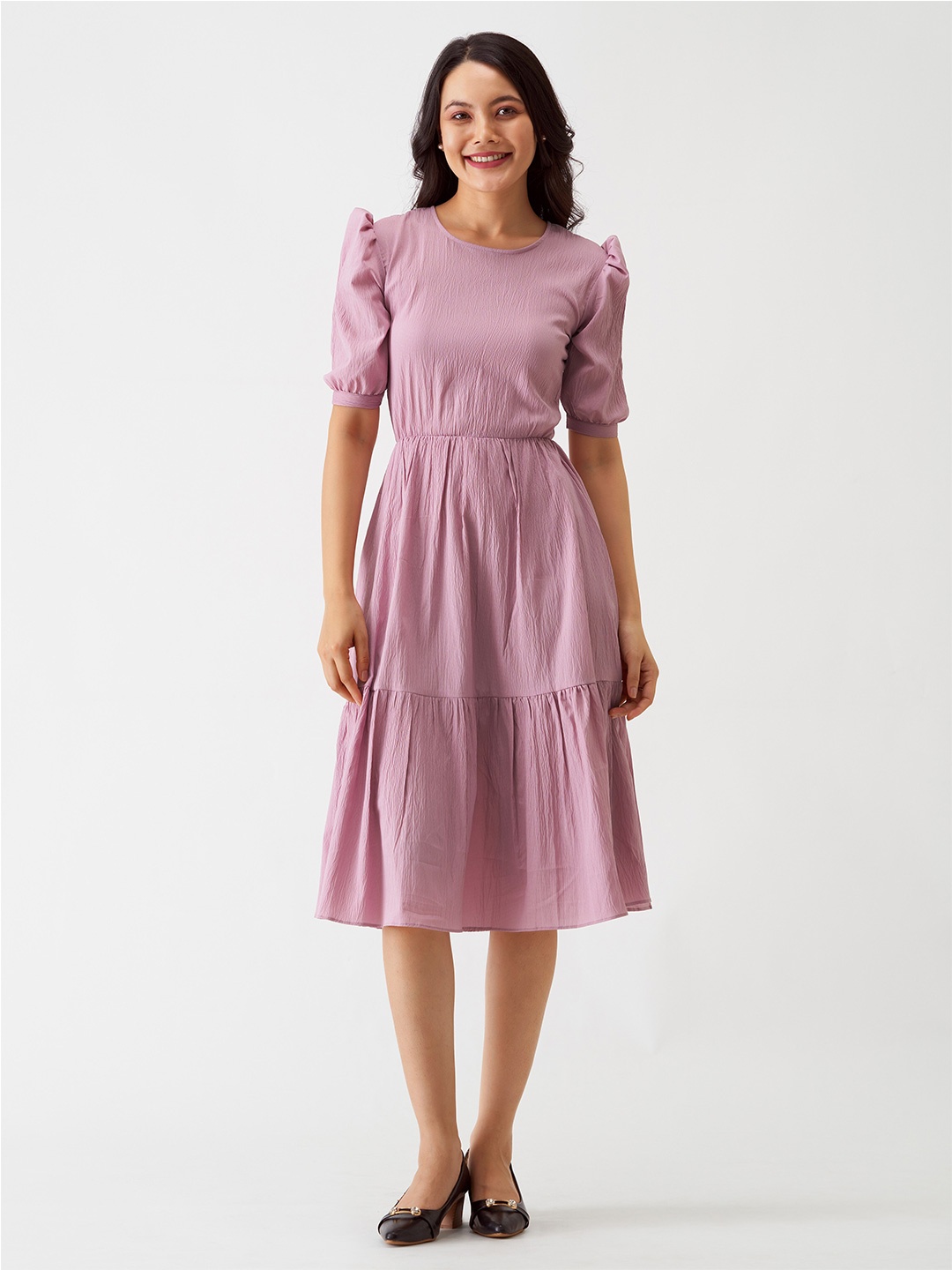 

AASK Puff Sleeve Crepe Fit & Flare Midi Dress, Magenta