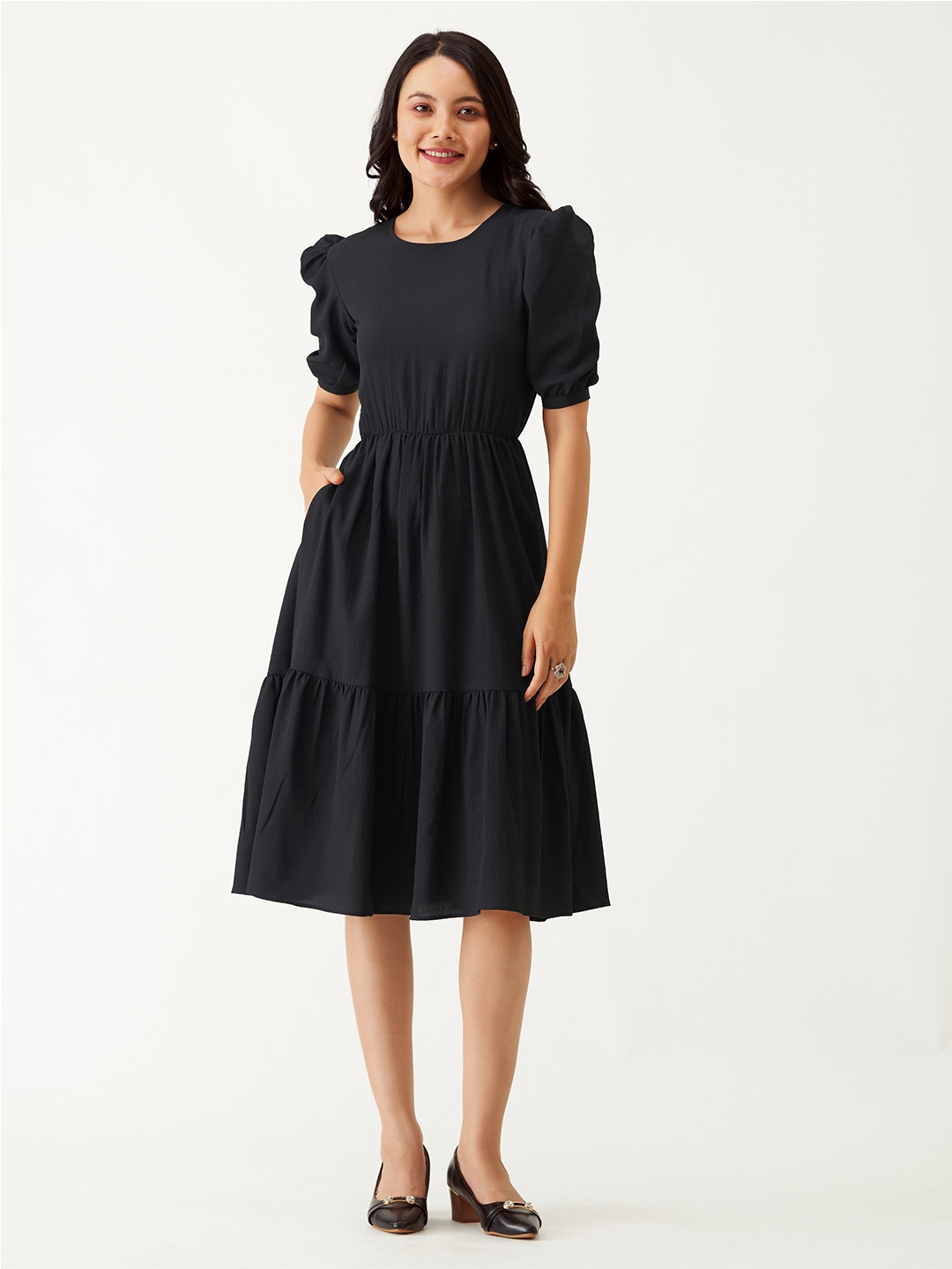 

AASK Puff Sleeve Crepe Fit & Flare Dress, Black