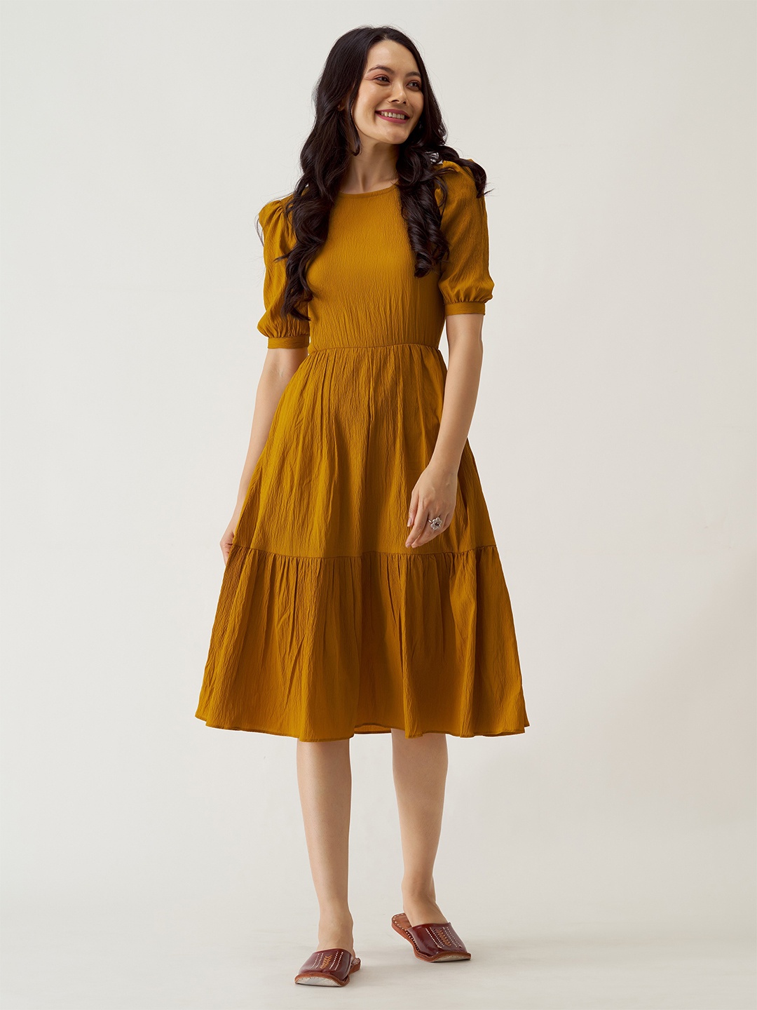 

AASK Puff Sleeve Crepe Fit & Flare Dress, Mustard
