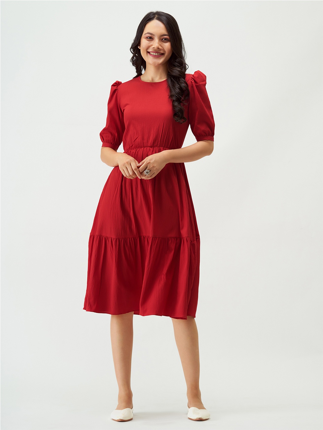

AASK Puff Sleeve Crepe Fit & Flare Dress, Red