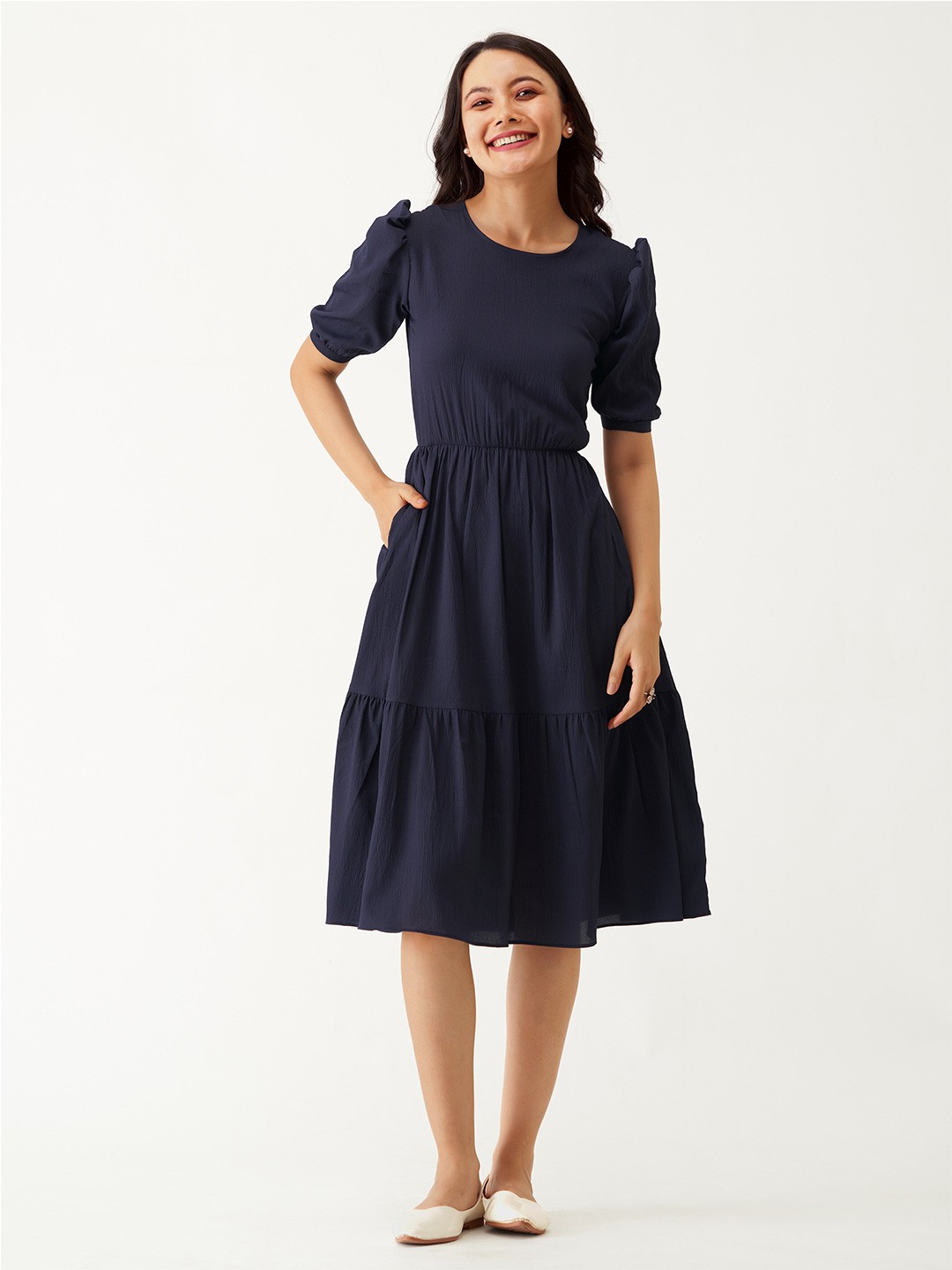 

AASK Puff Sleeve Crepe Fit & Flare Midi Dress, Navy blue