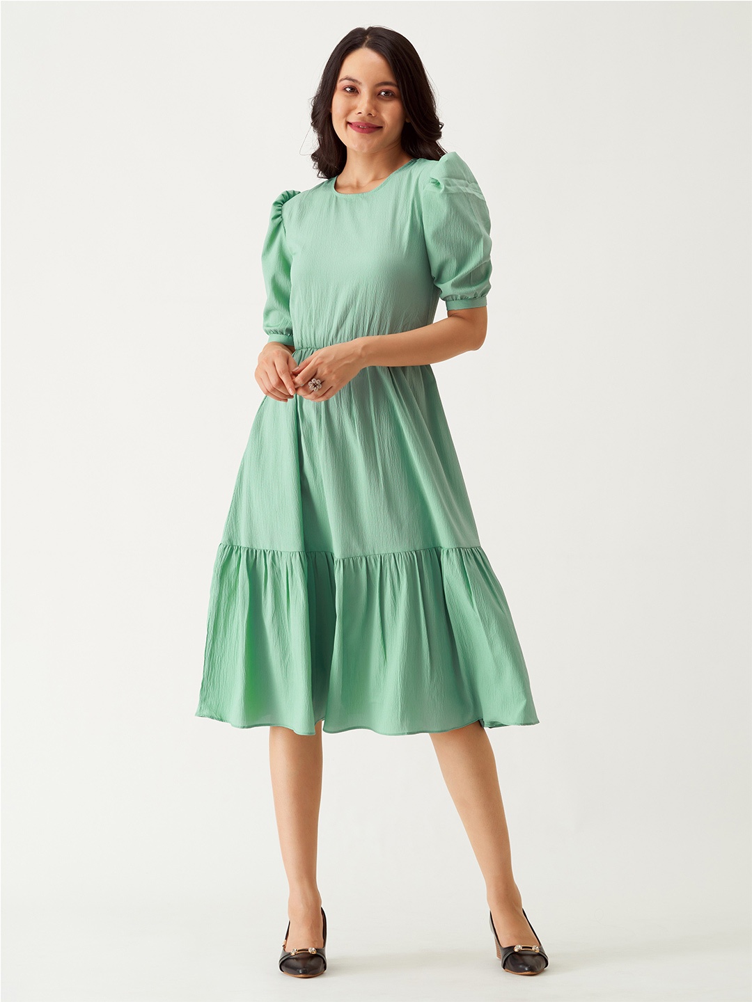 

AASK Puff Sleeve Crepe Fit & Flare Midi Dress, Sea green