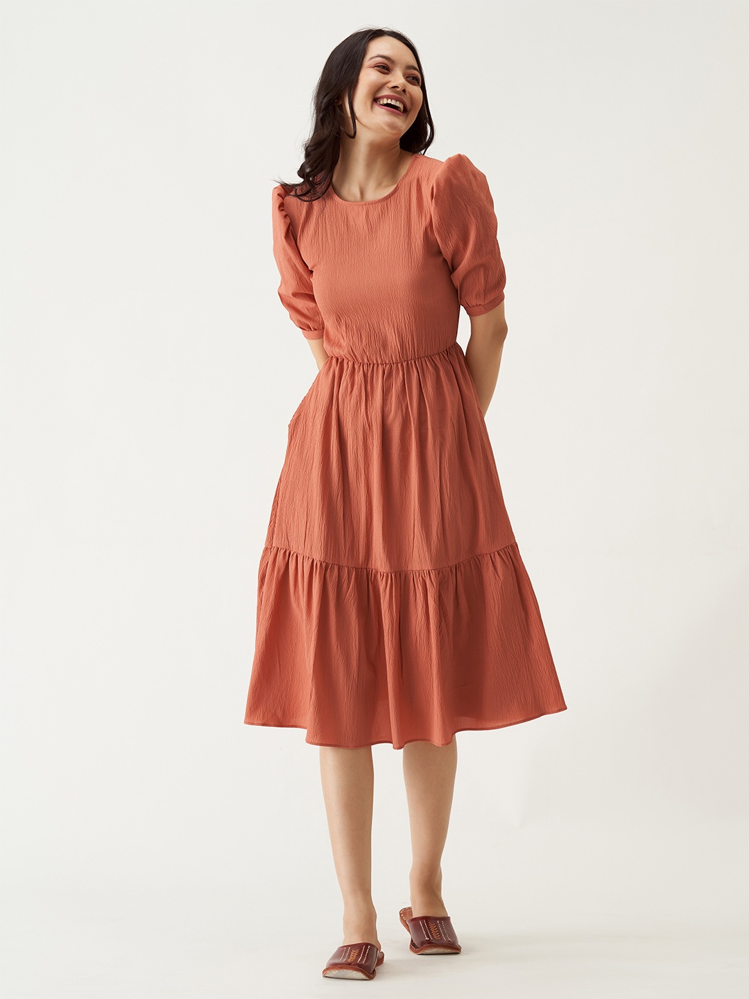 

AASK Puff Sleeves Crepe Fit & Flare Dress, Rust