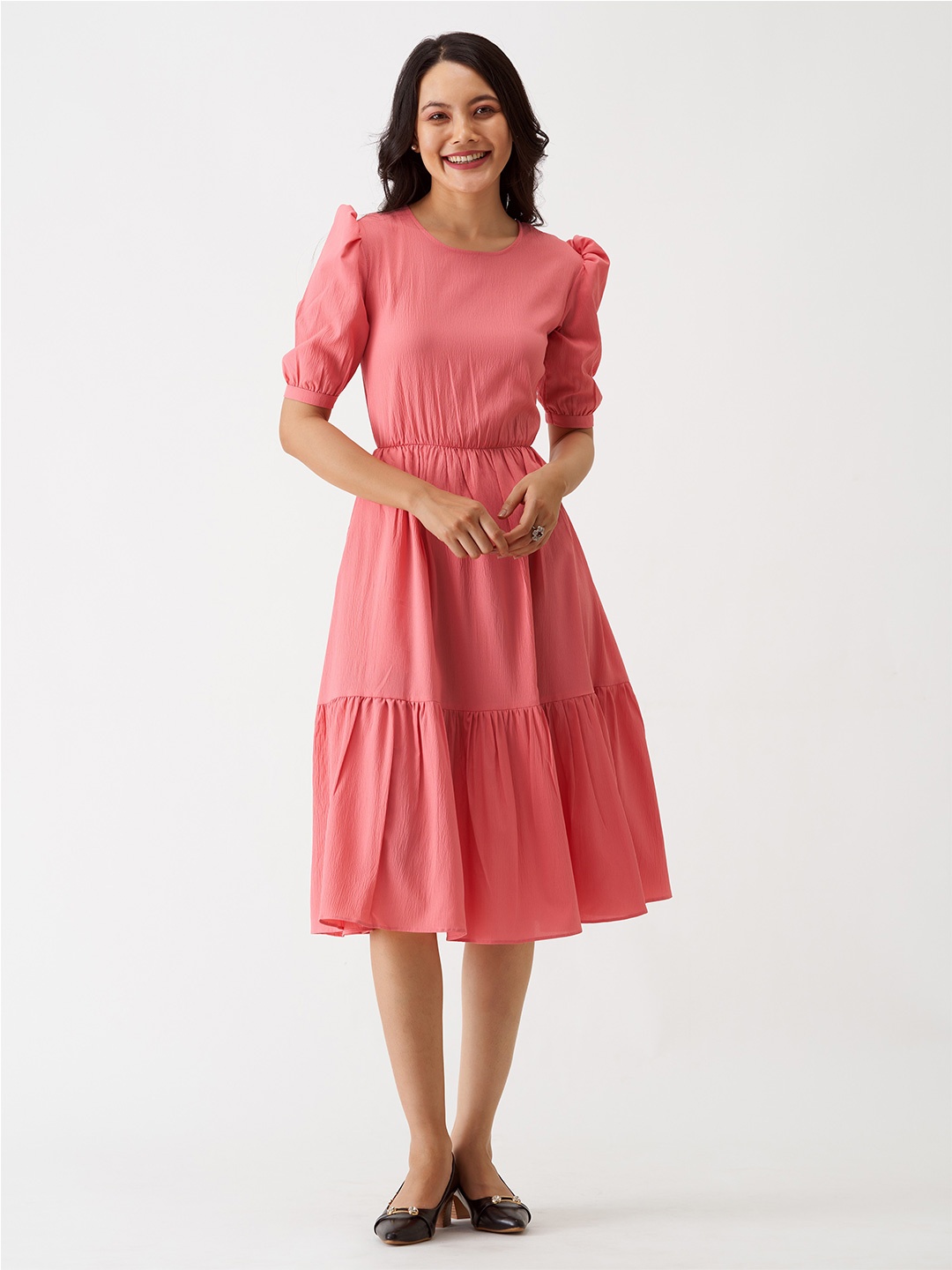 

AASK Puff Sleeves Crepe Fit & Flare Midi Dress, Coral
