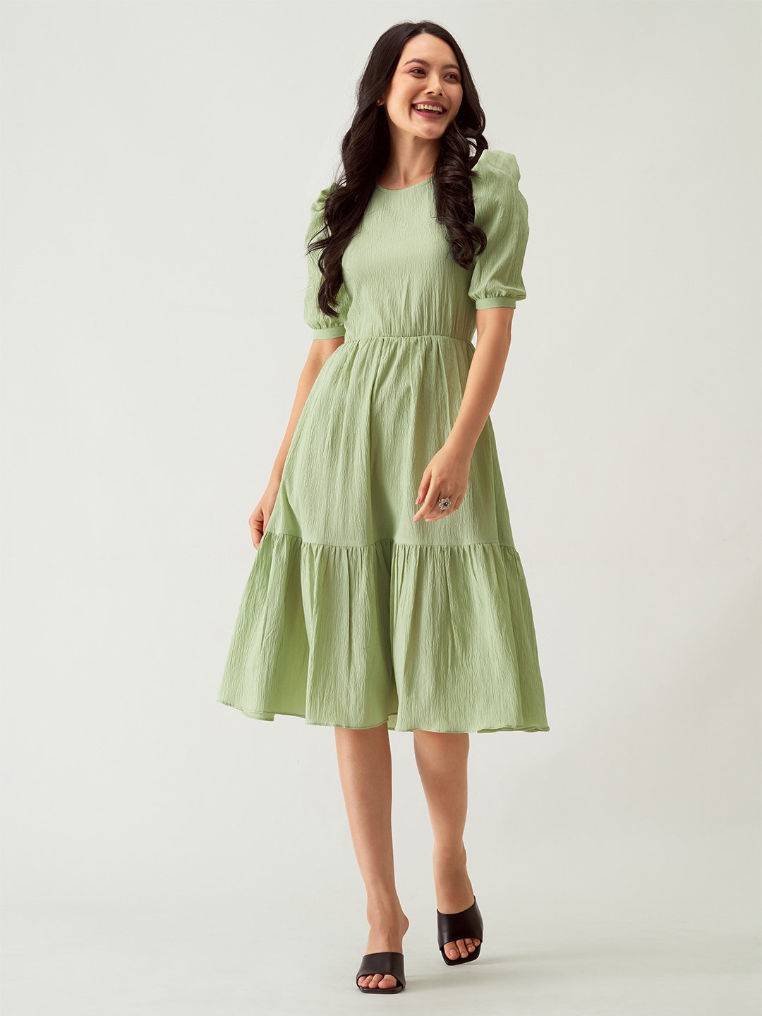 

AASK Puff Sleeves Crepe Fit & Flare Midi Dress, Lime green