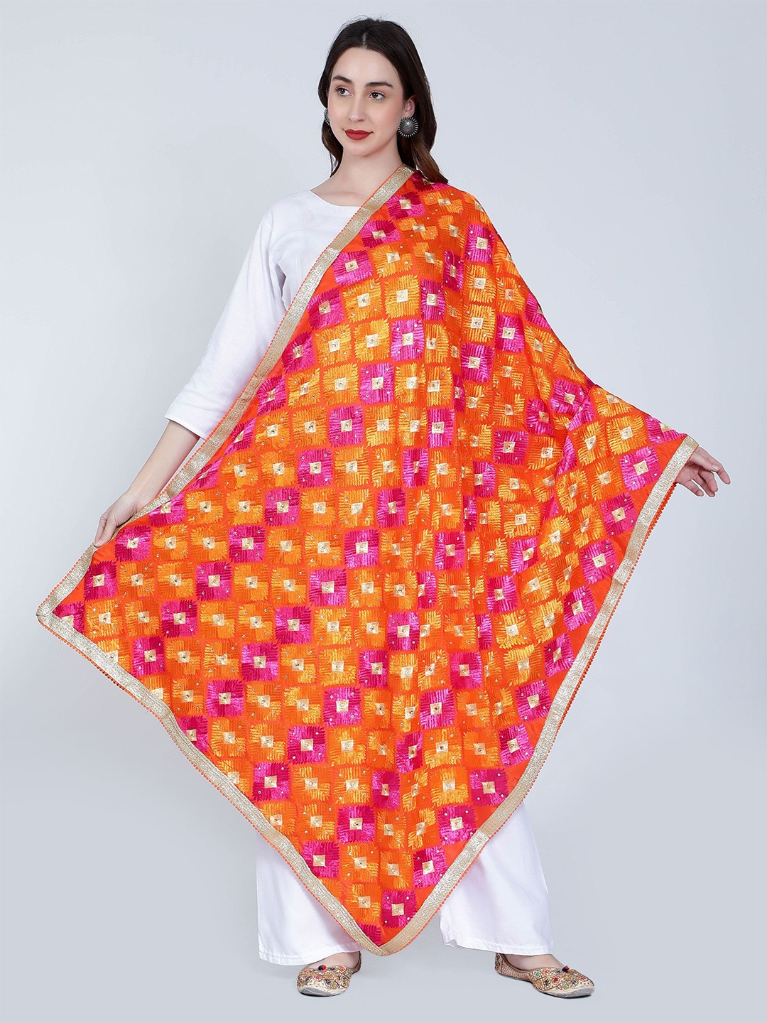 

Moda Chales Embroidered Dupatta with Phulkari, Orange