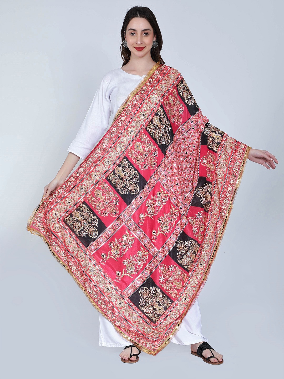 

Moda Chales Ethnic Motifs Printed Dupatta with Mirror Work, Pink