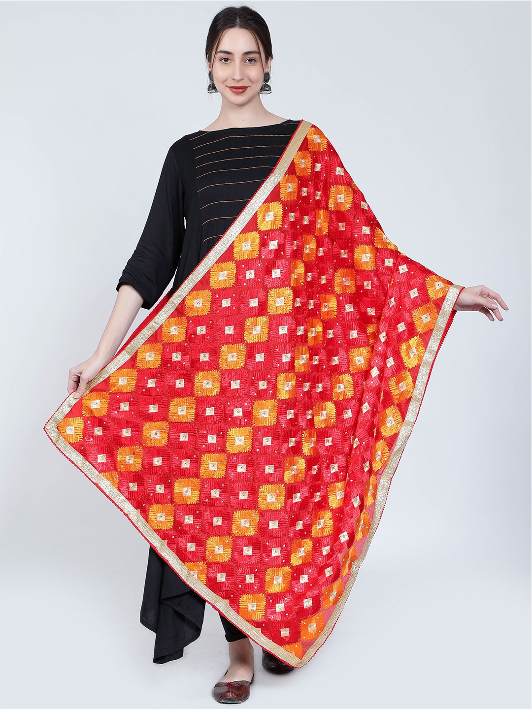 

Moda Chales Ethnic Motifs Embroidered Dupatta with Phulkari, Red