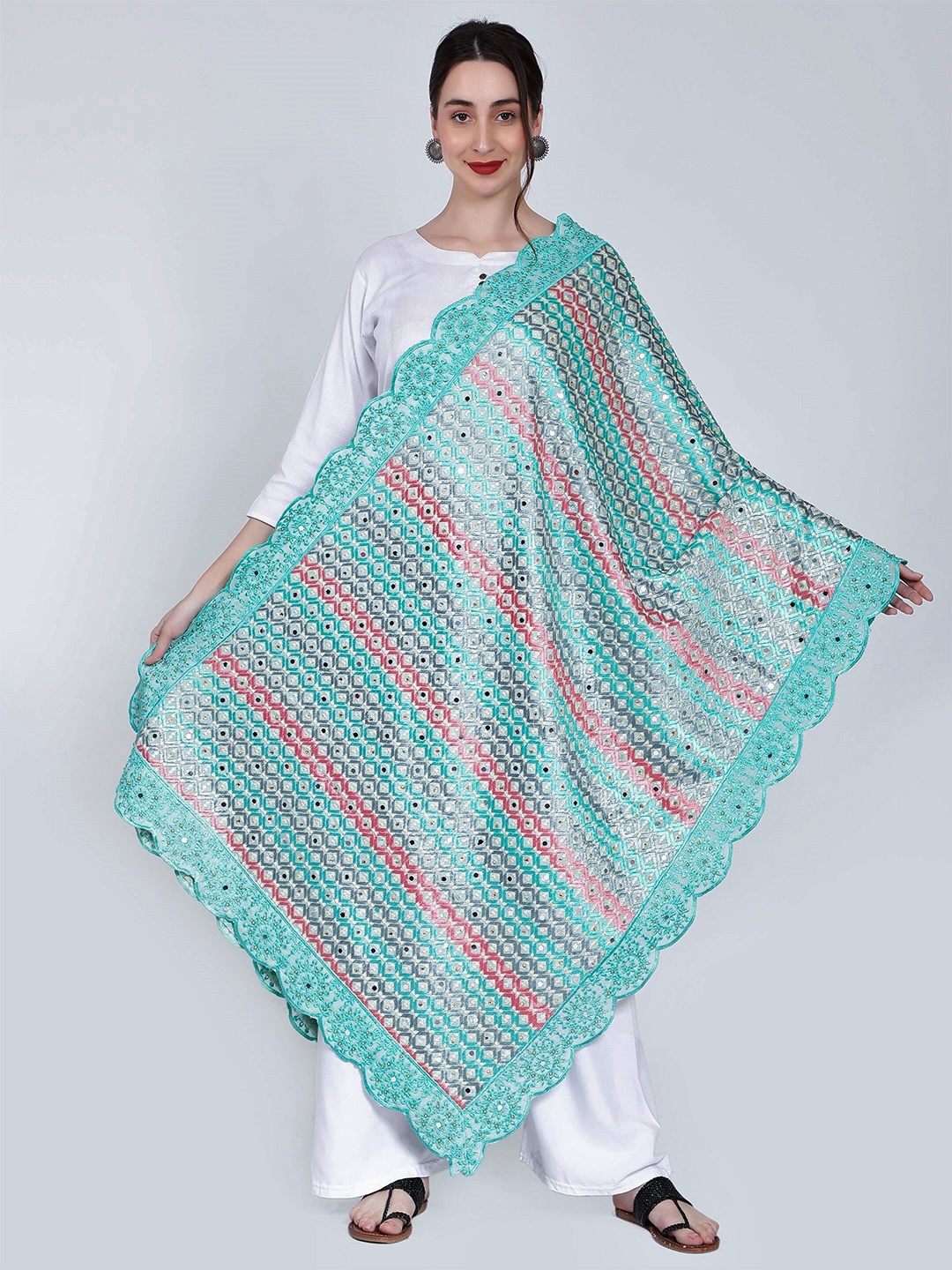 

Moda Chales Embroidered Dupatta with Phulkari, Sea green