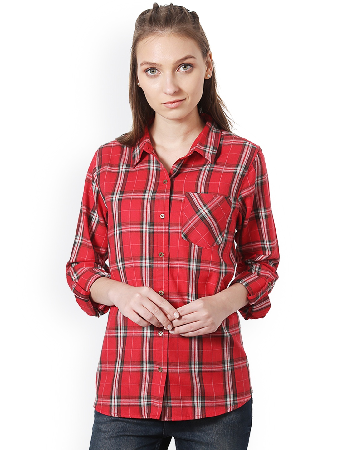 

People Women Red Regular Fit Checked Casual Shirt