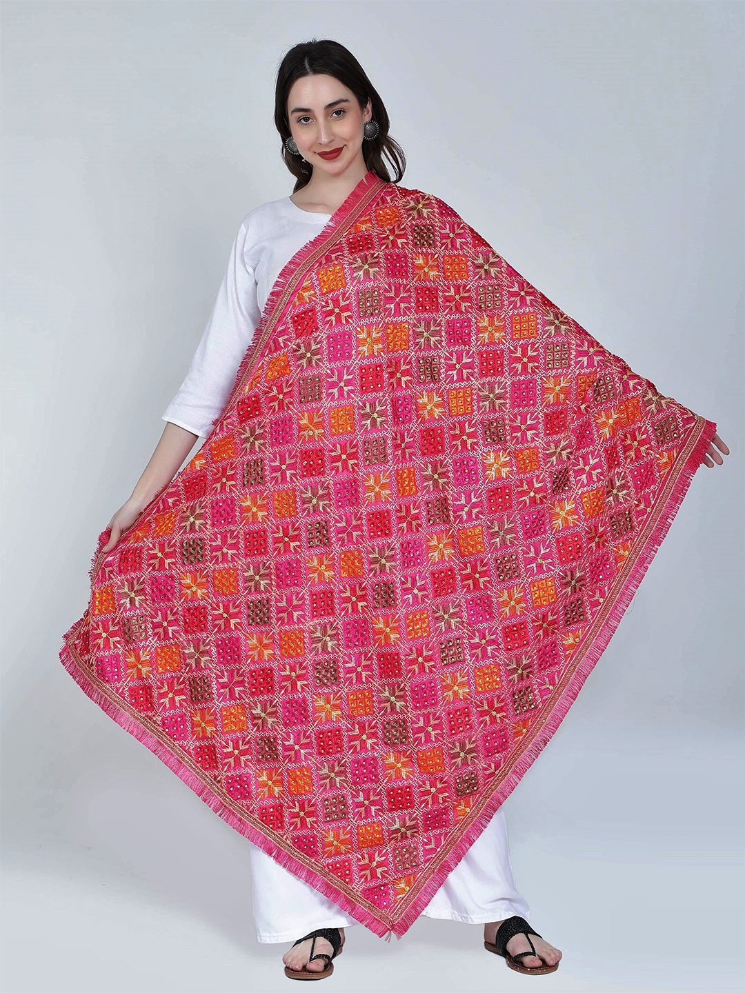 Moda Chales Embroidered Dupatta with Phulkari, Magenta
