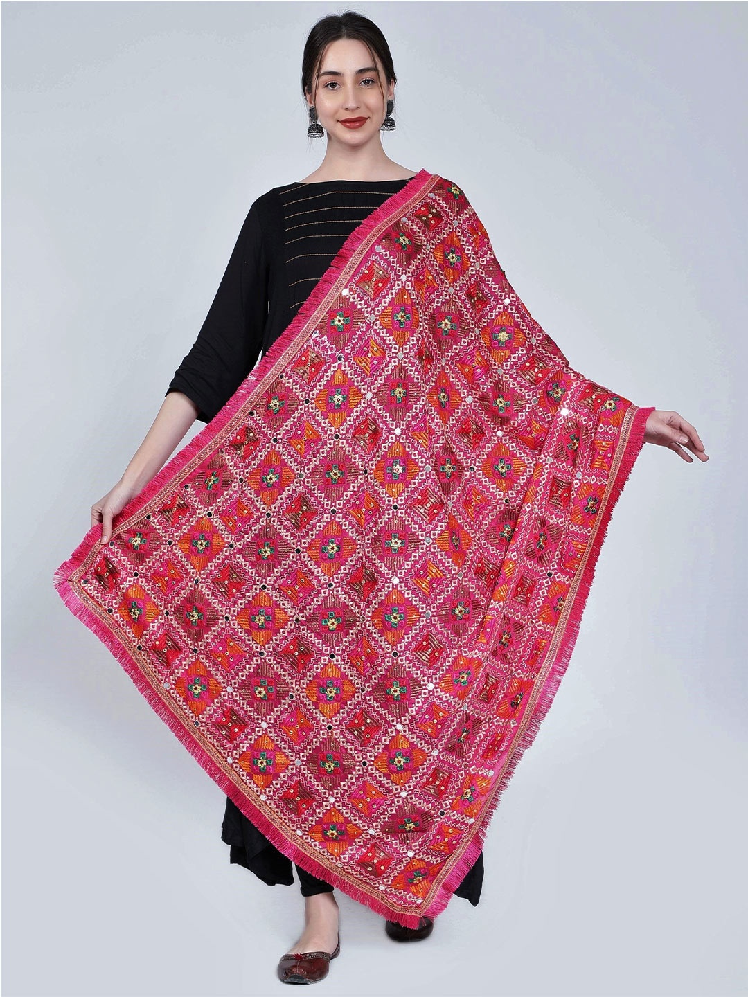 

Moda Chales Ethnic Motifs Embroidered Dupatta with Phulkari, Magenta