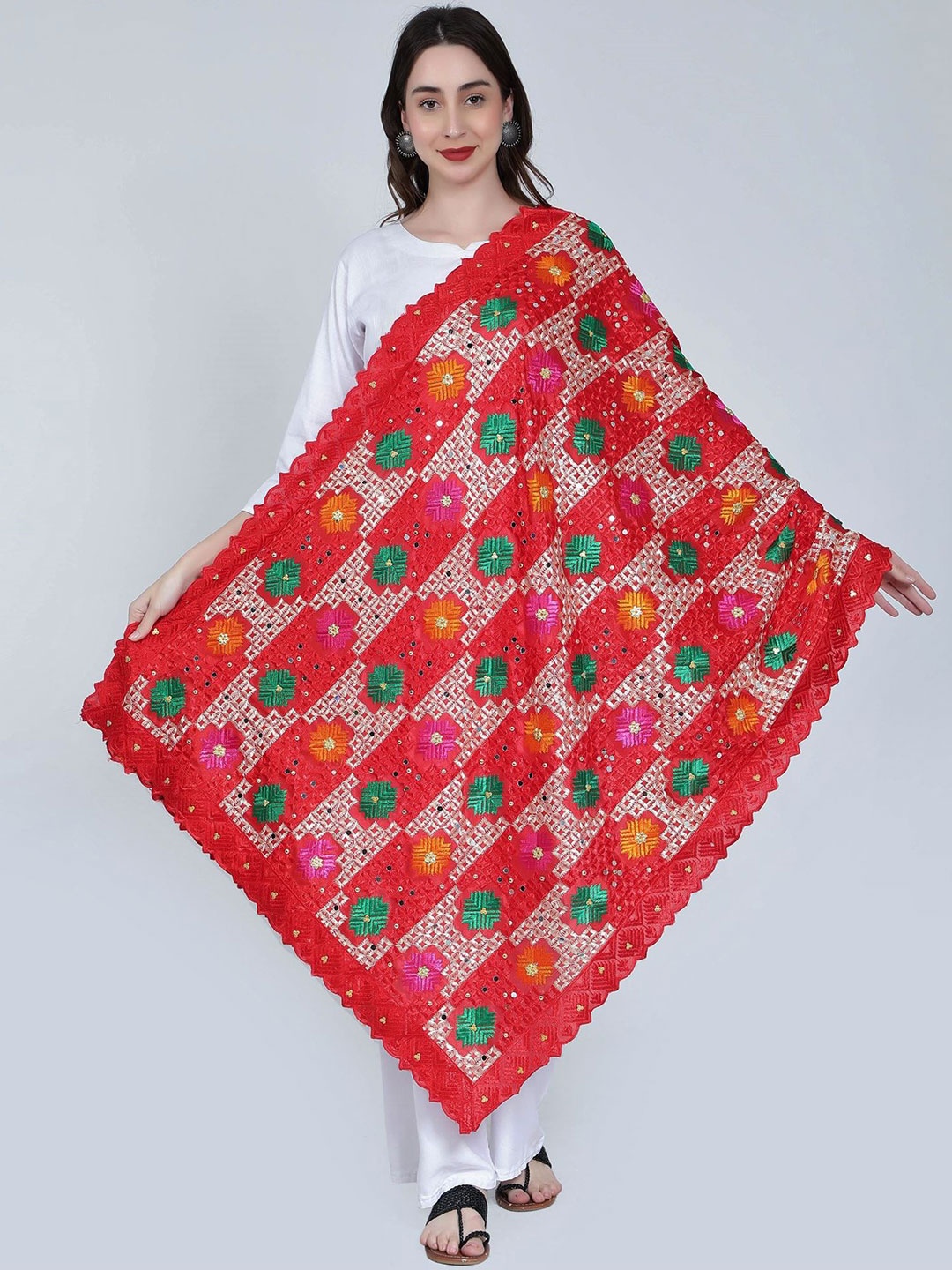 

Moda Chales Embroidered Dupatta with Phulkari, Red