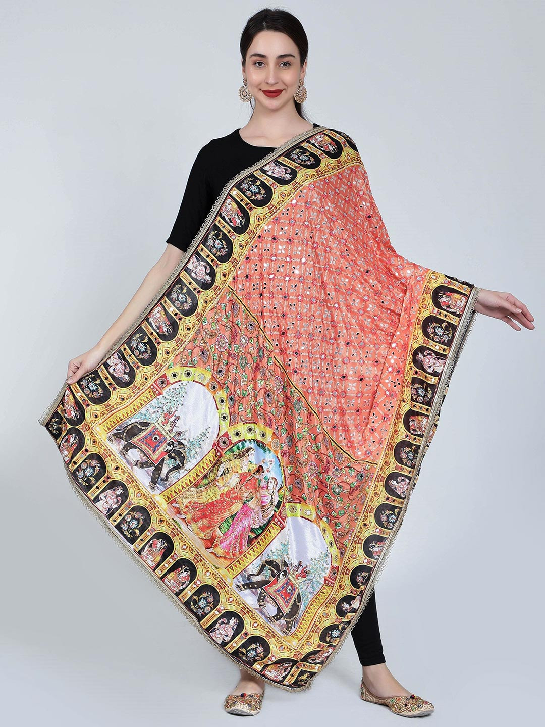 

Moda Chales Printed Dupatta with Mirror Work, Peach