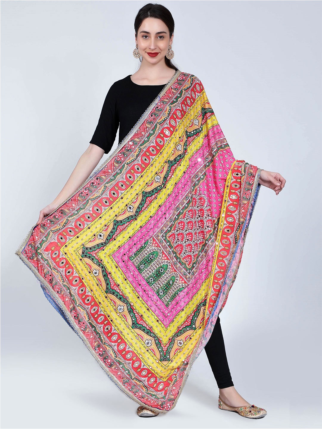 

Moda Chales Printed Dupatta with Mirror Work, Pink