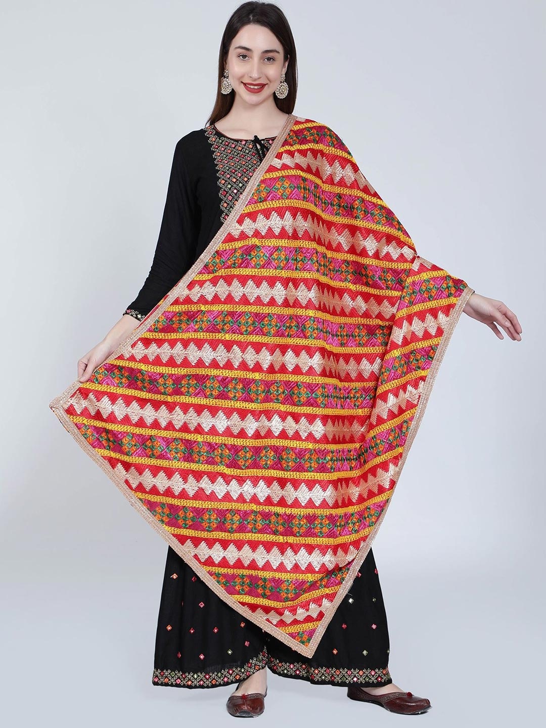 

Moda Chales Embroidered Dupatta with Phulkari, Red