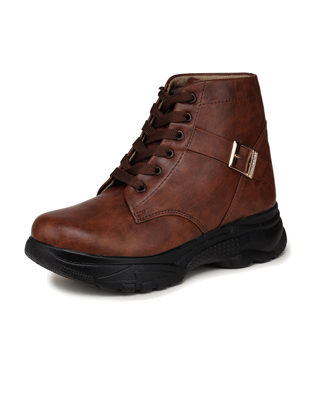 

BOOTCO Women Mid Top Flatform-Heel Lightweight Boots With Buckle Detail, Brown
