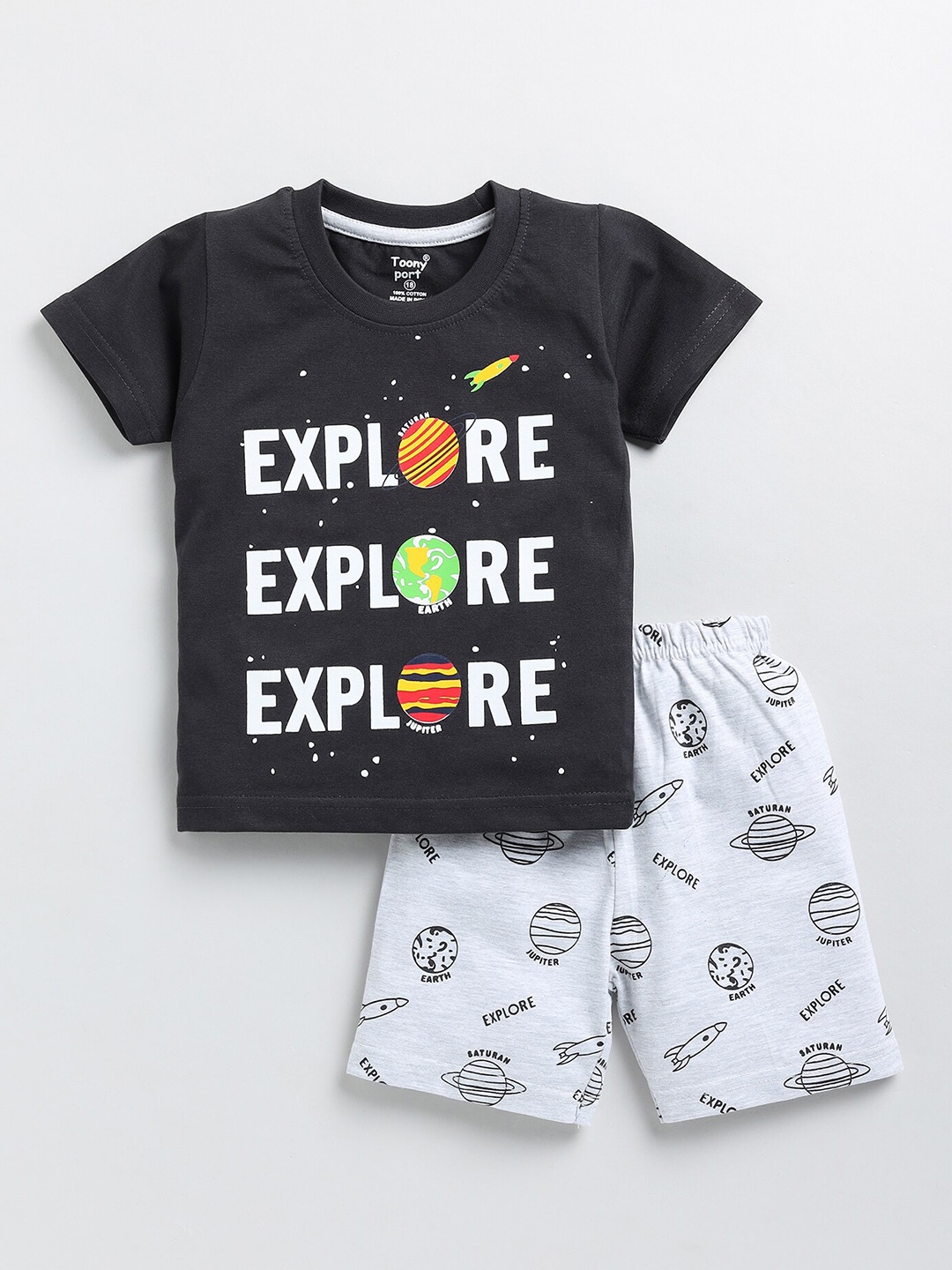 

Toonyport Boys Printed Cotton T-shirt With Shorts Set, Black