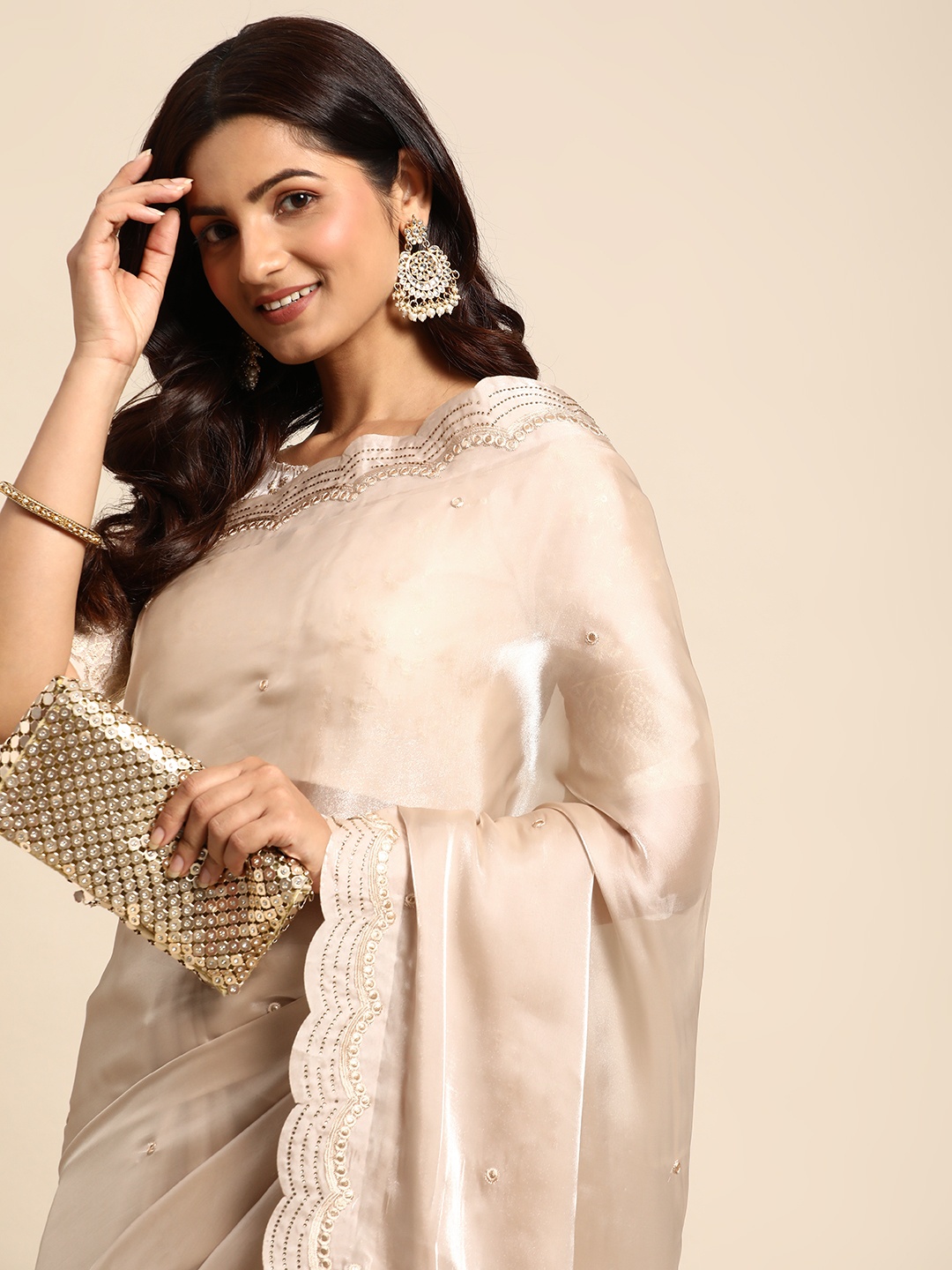 

Mitera Sequinned Organza Saree, Cream