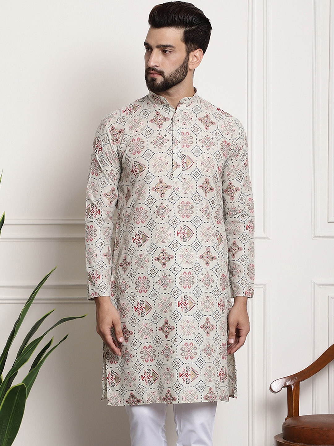 

SOJANYA Ethnic Motifs Printed Mandarin Collar Cotton Linen Kurta, Cream