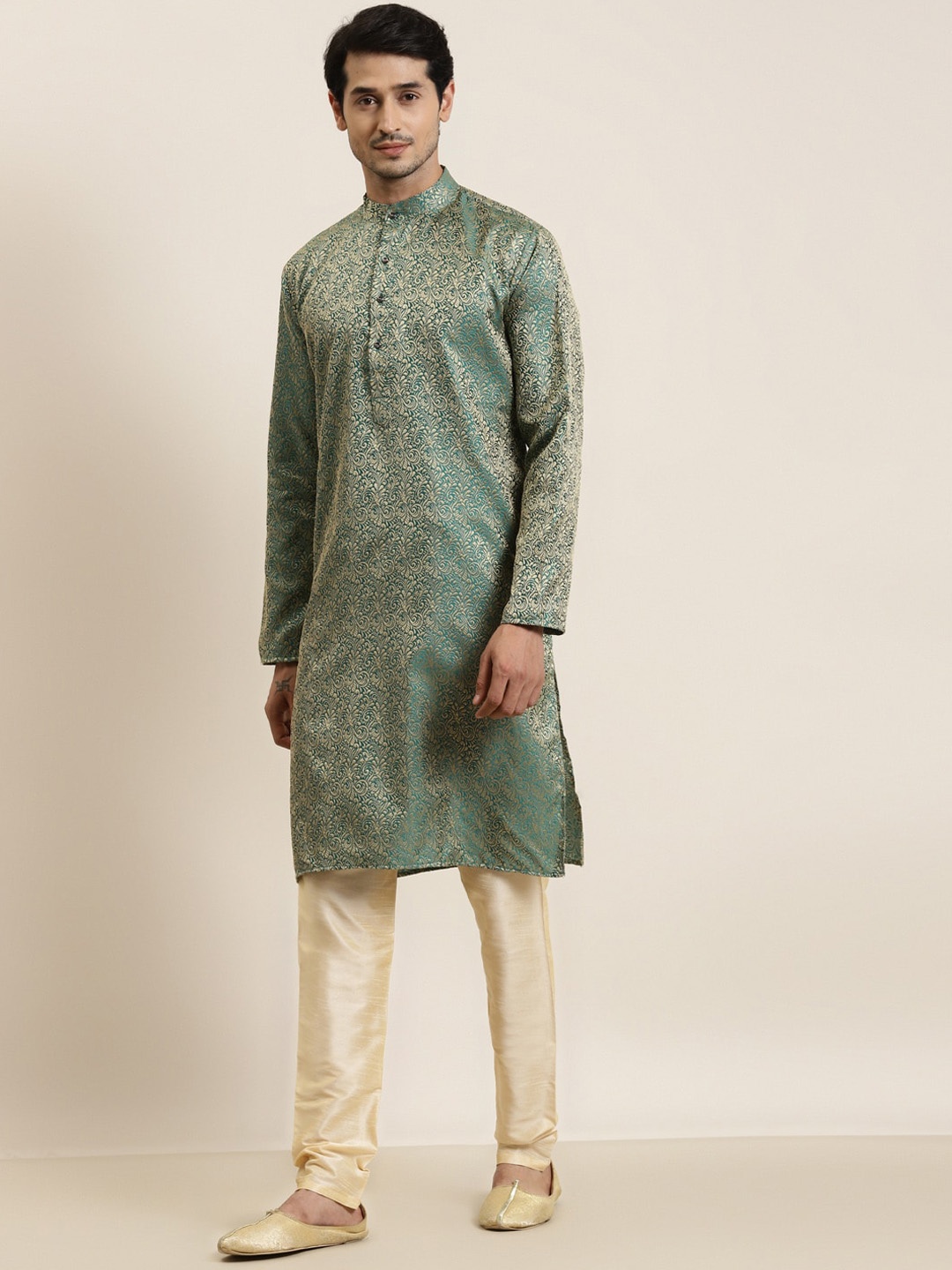 

SOJANYA Woven Design Mandarin Collar Silk Cotton Kurta, Green