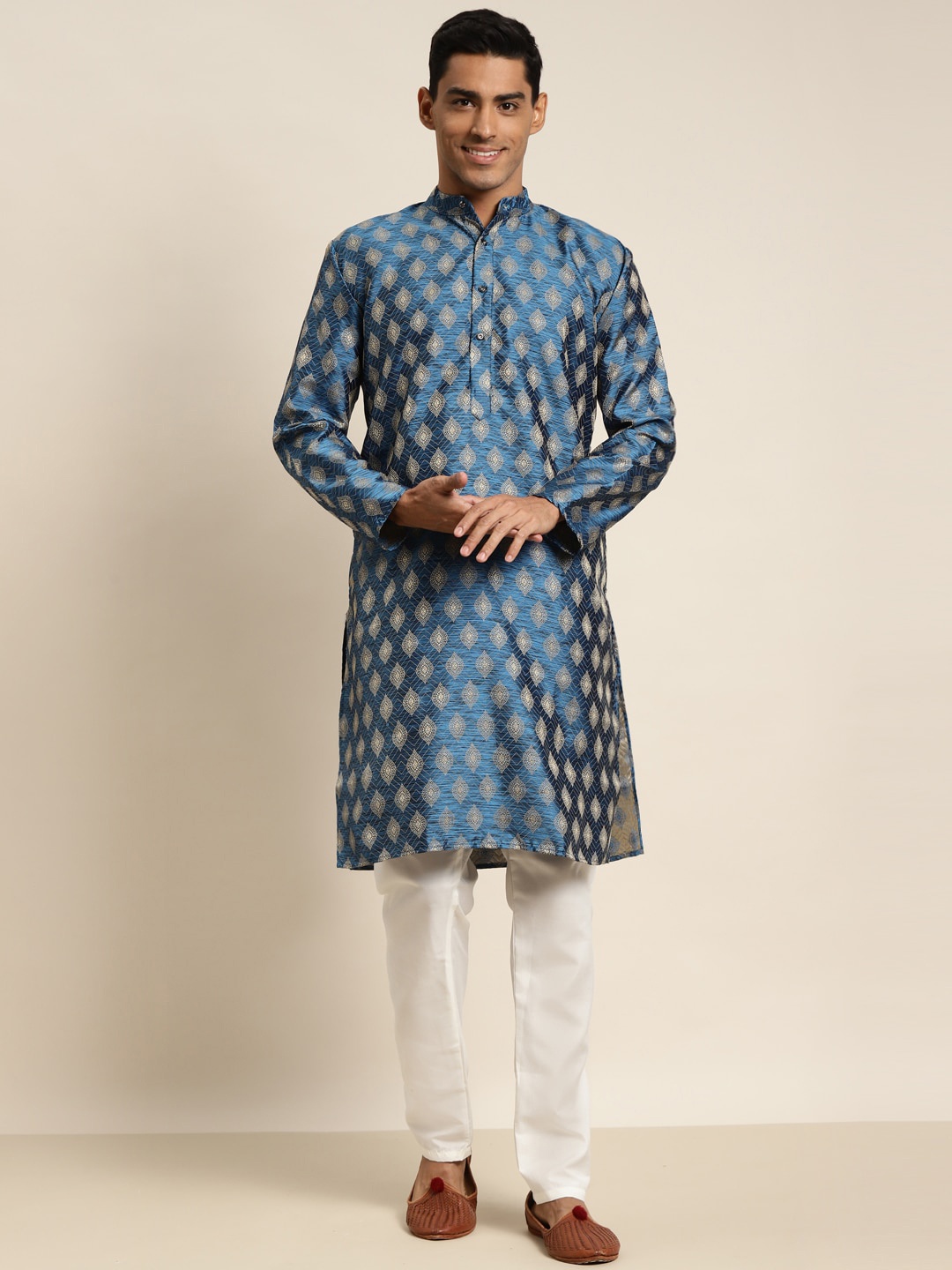 

SOJANYA Woven Design Mandarin Collar Silk Cotton Kurta, Blue