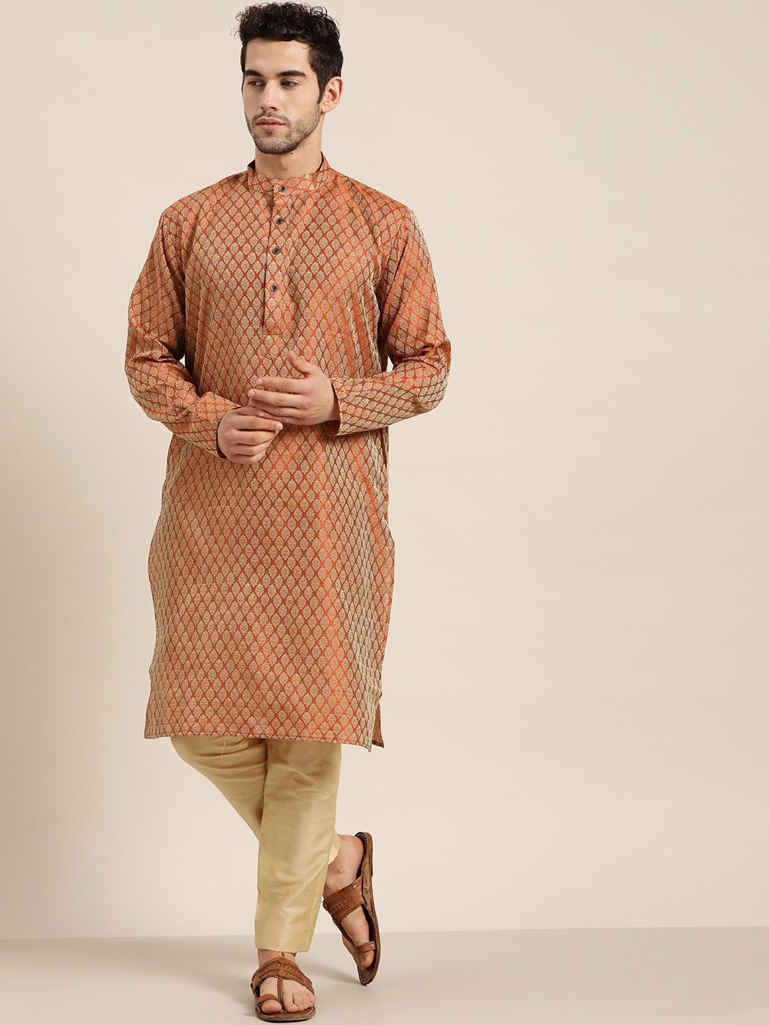 

SOJANYA Woven Design Mandarin Collar Silk Cotton Kurta, Orange