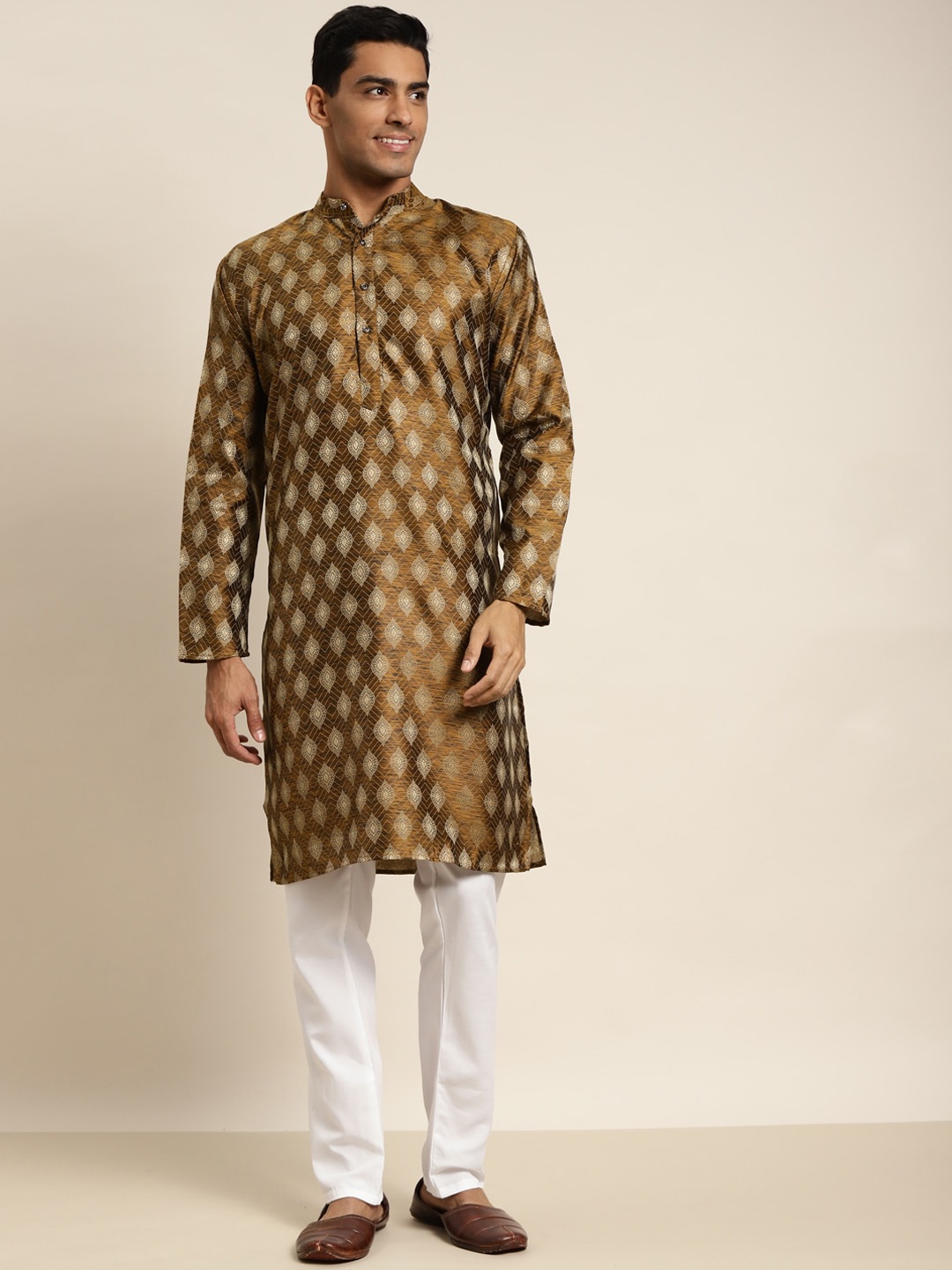 

SOJANYA Woven Design Mandarin Collar Silk Cotton Kurta, Mustard