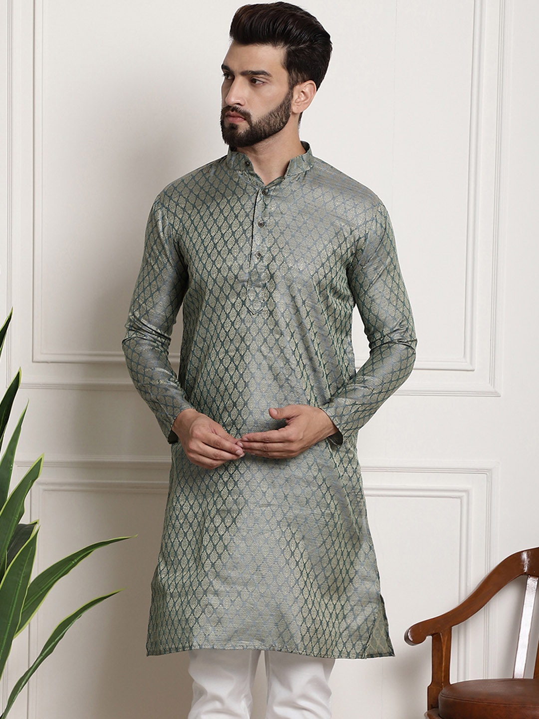 

SOJANYA Woven Design Mandarin Collar Silk Cotton Kurta, Teal