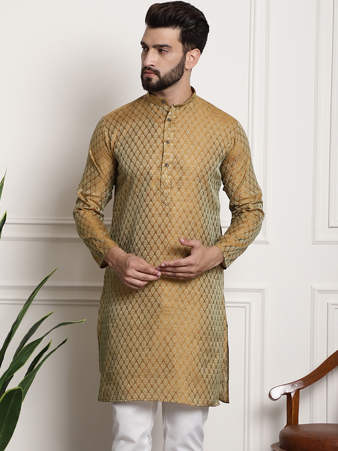 

SOJANYA Woven Design Mandarin Collar Silk Cotton Kurta, Mustard