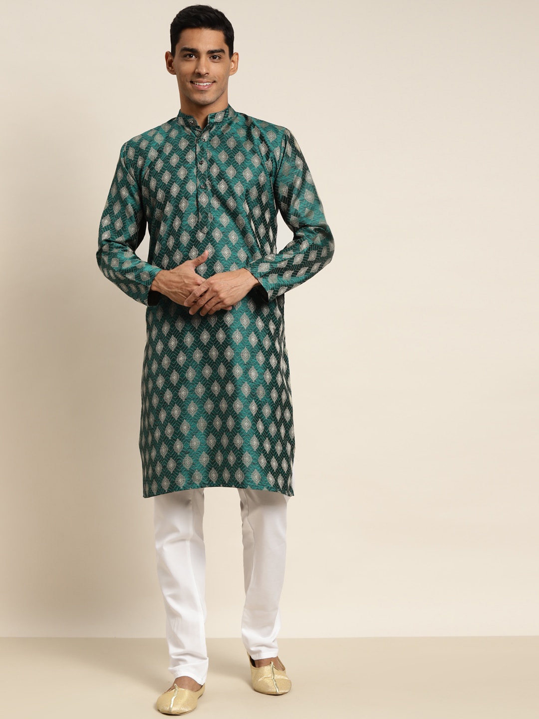 SOJANYA Mandarin Collar Ethnic Motifs Woven Design Kurta, Green