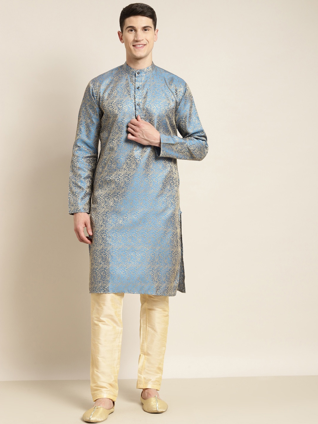 

SOJANYA Woven Design Mandarin Collar Silk Cotton Kurta, Blue