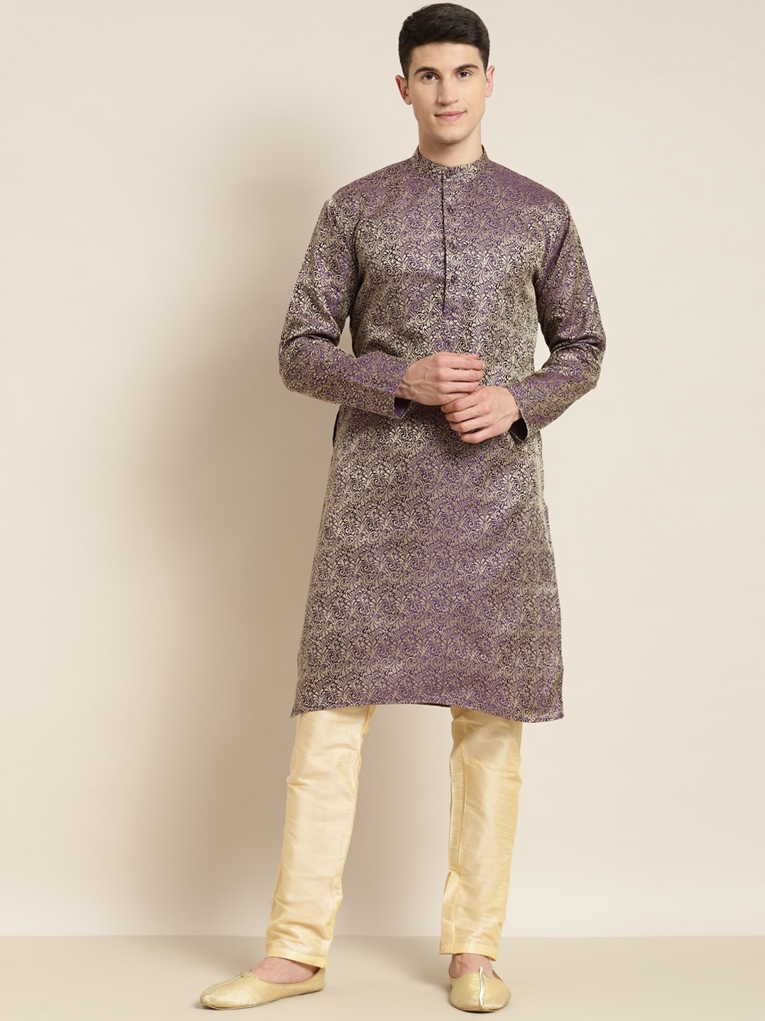 

SOJANYA Band Collar Ethnic Motifs Woven Design Kurta, Purple