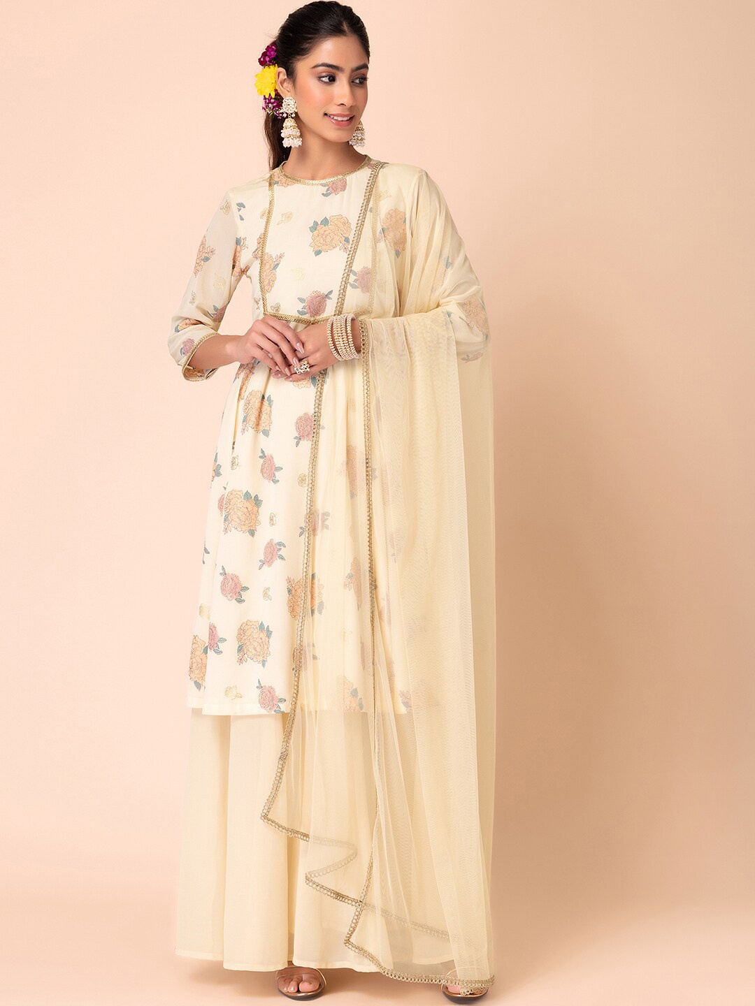 

INDYA X VARUN BAHL Floral Printed Gotta Patti A-Line Kurta with Palazzos & Dupatta, Off white