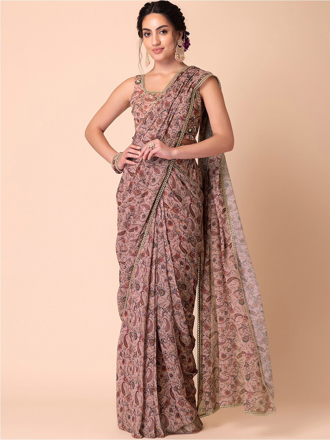 

INDYA Varun Bahl X Ethnic Motifs Printed Ready To Wear Saree With Stitched Blouse, Beige