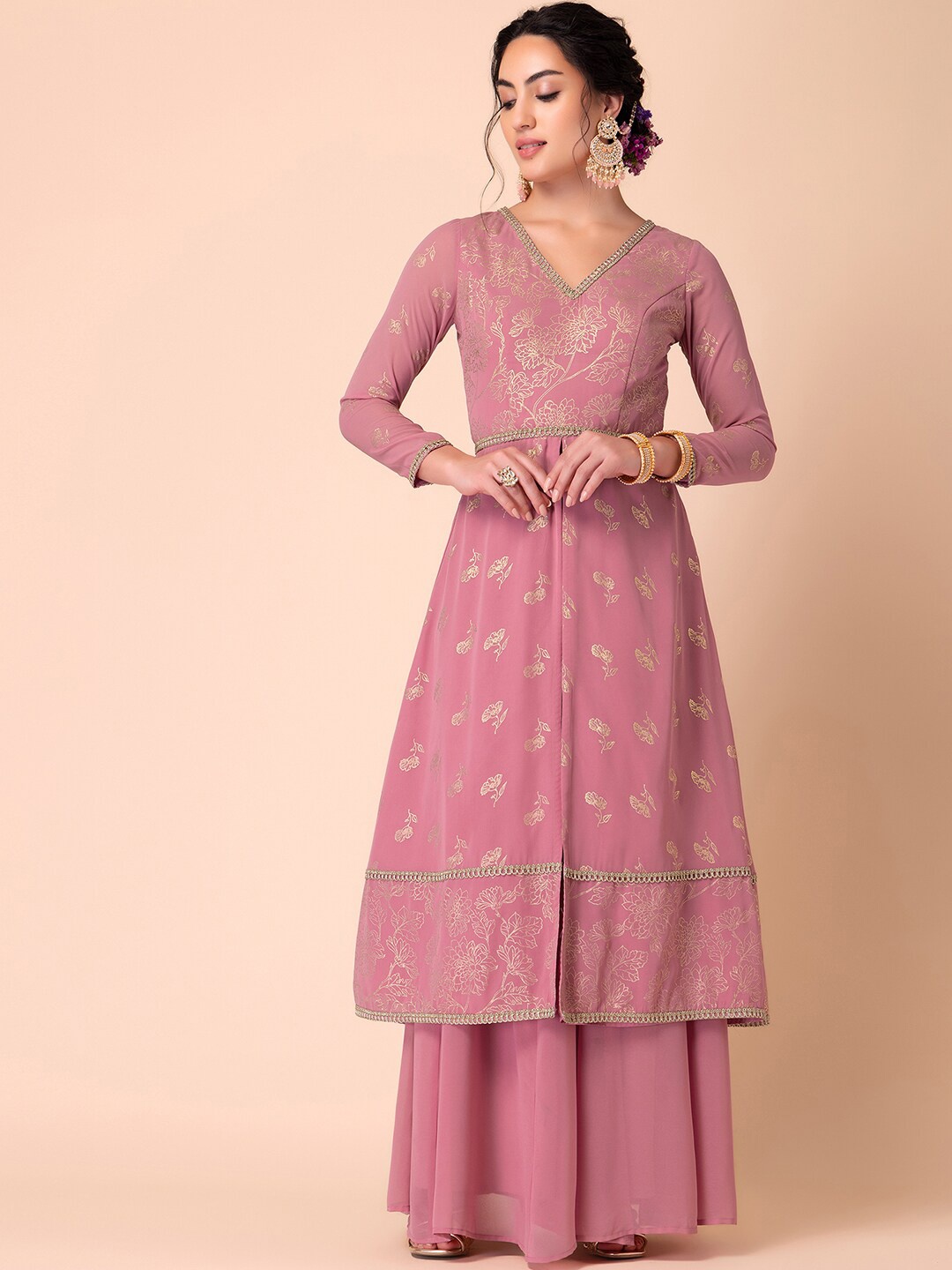 

INDYA X VARUN BAHL Floral Foil Printed Georgette A-Line Kurta with Palazzos, Pink