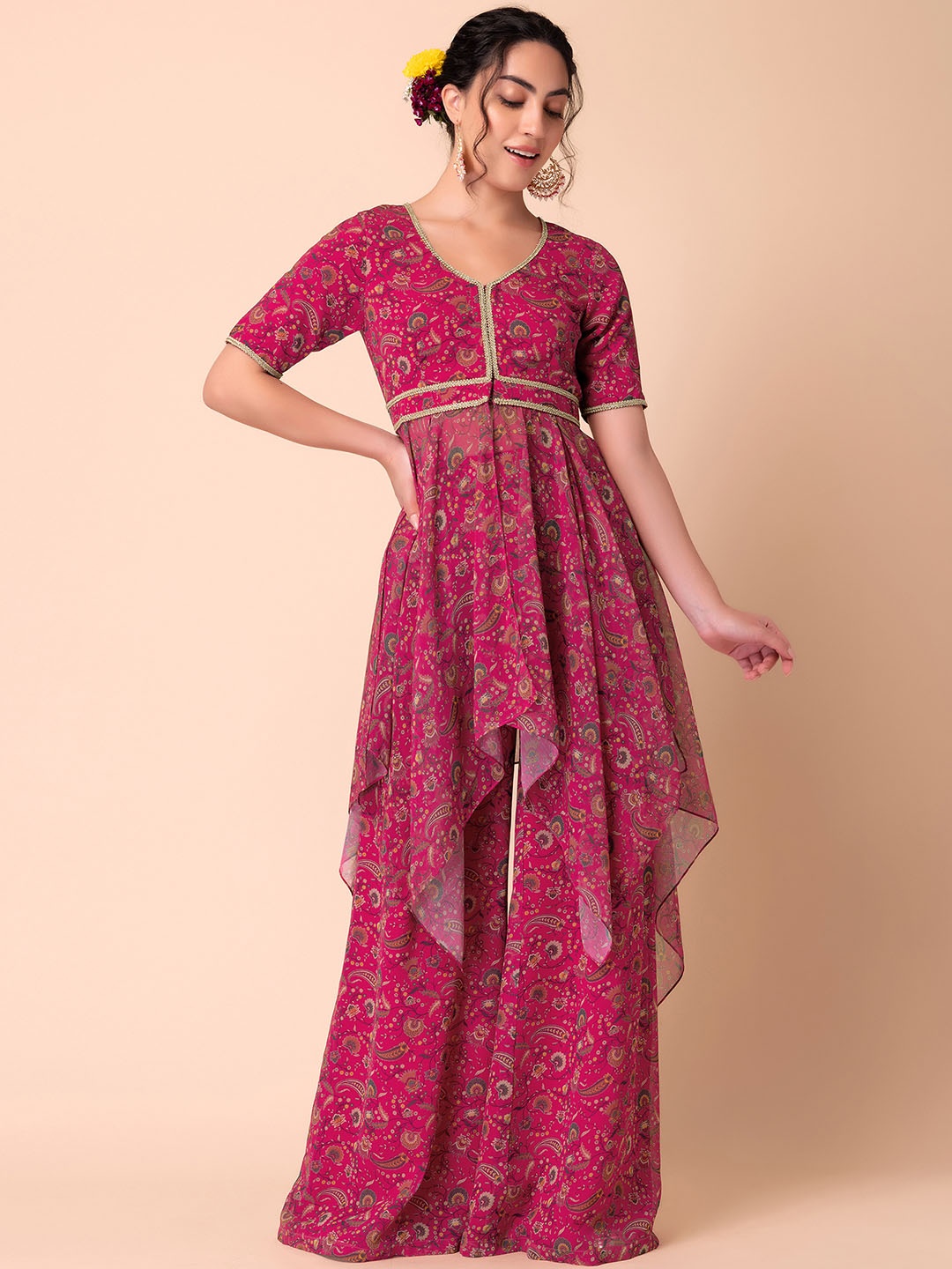 

INDYA Ethnic Motifs Printed Asymmetric Kurta with Palazzos, Pink