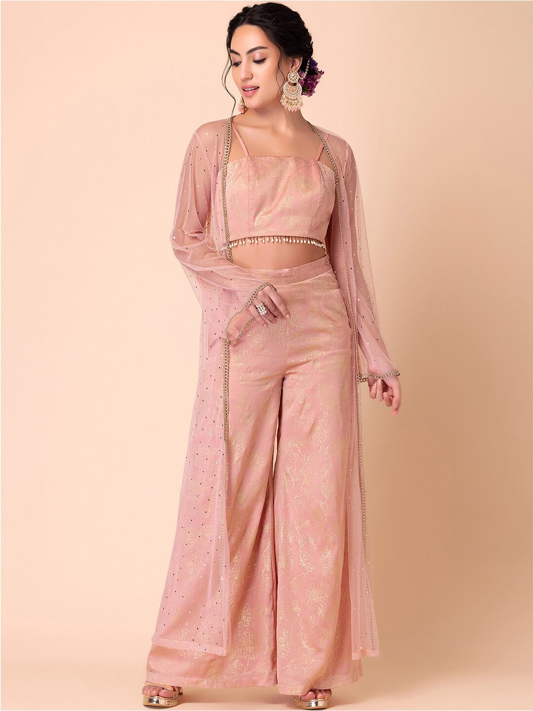 

INDYA Women Printed Top With Trousers With Jacket, Pink