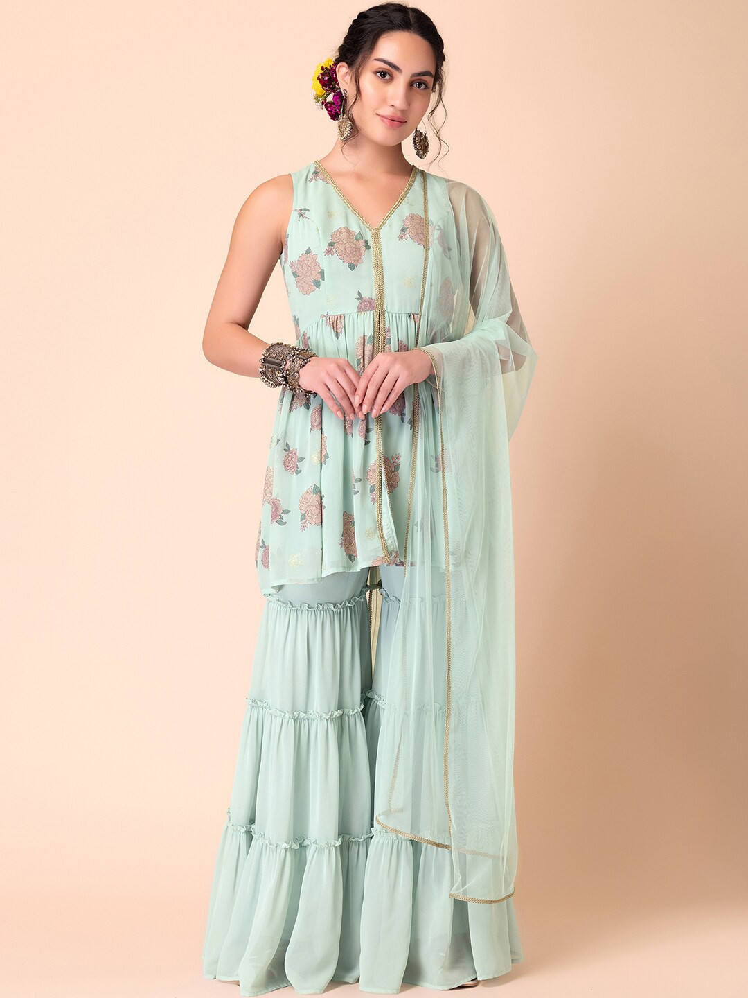 

INDYA X VARUN BAHL Floral Printed Gotta Patti Pleated A-Line Kurti with Sharara & Dupatta, Sea green