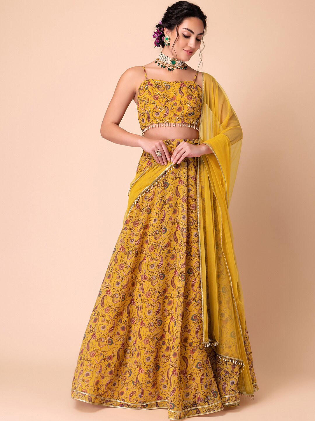 

INDYA X VARUN BAHL Beads Embellished Detail Mesh Party Dupatta, Yellow