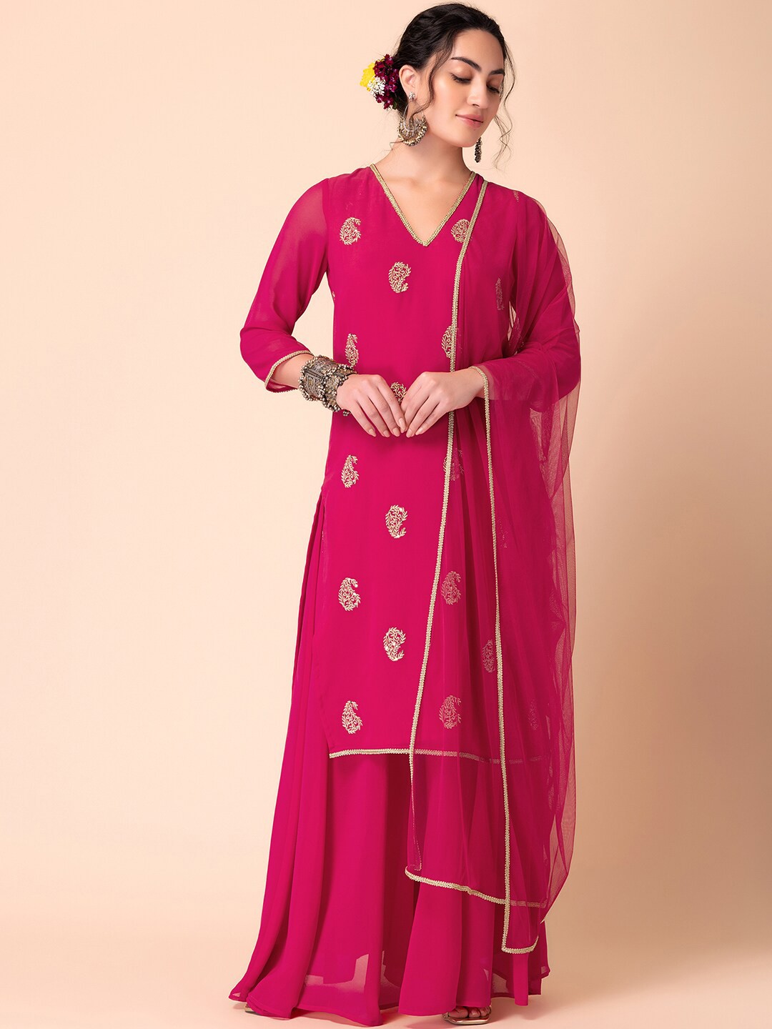 

INDYA X VARUN BAHL Paisley Embroidered Sequinned Georgette Kurta with Palazzos & Dupatta, Fuchsia