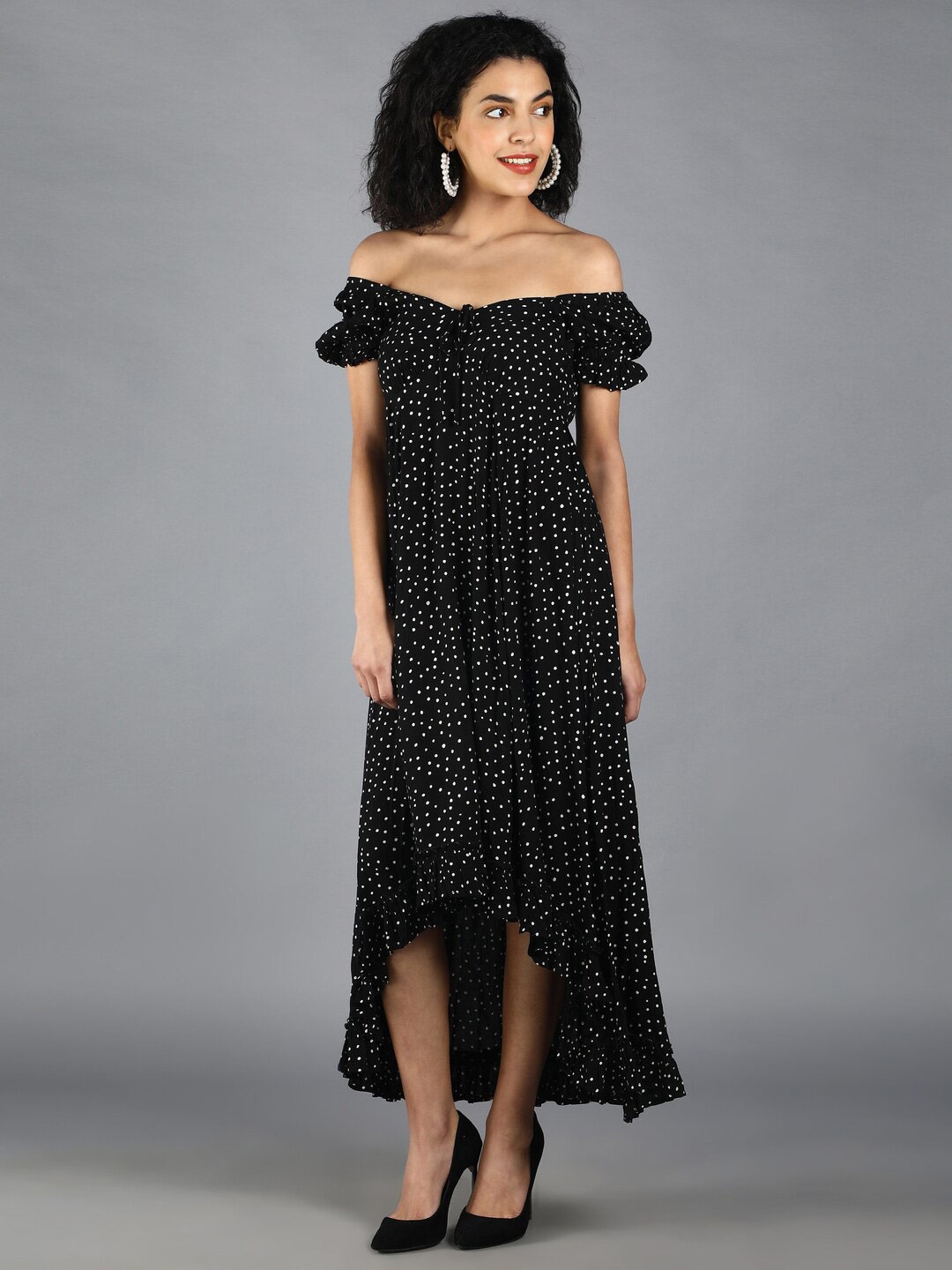 

DEBONATELLA Polka Dot Print Off-Shoulder Crepe Maxi Dress, Black