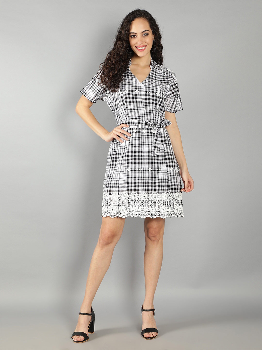 

DEBONATELLA V-Neck Checked Dress, Grey