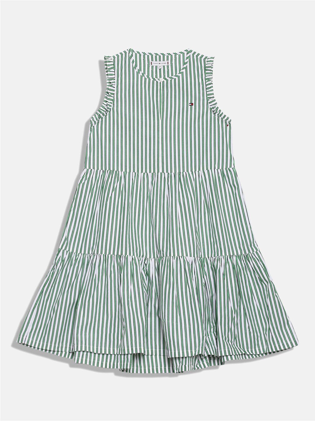

Tommy Hilfiger Girls Striped Tiered Cotton A-Line Dress, Green