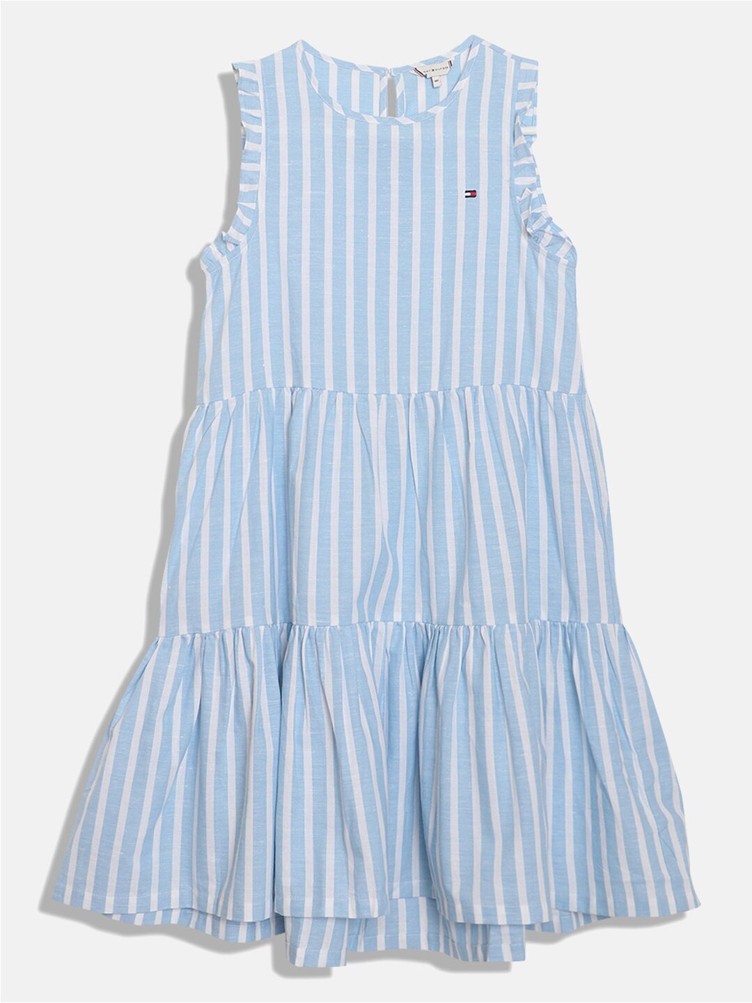 

Tommy Hilfiger Girls Striped Tiered Cotton A-Line Dress, Blue