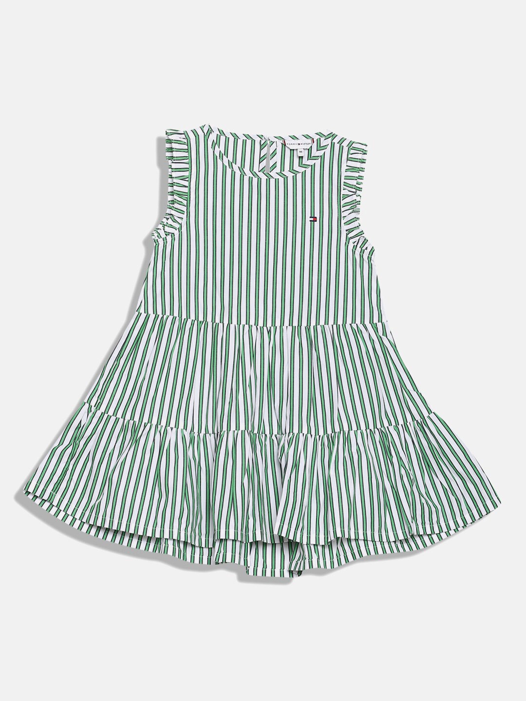 

Tommy Hilfiger Girls Striped Tiered Cotton A-Line Dress, Green